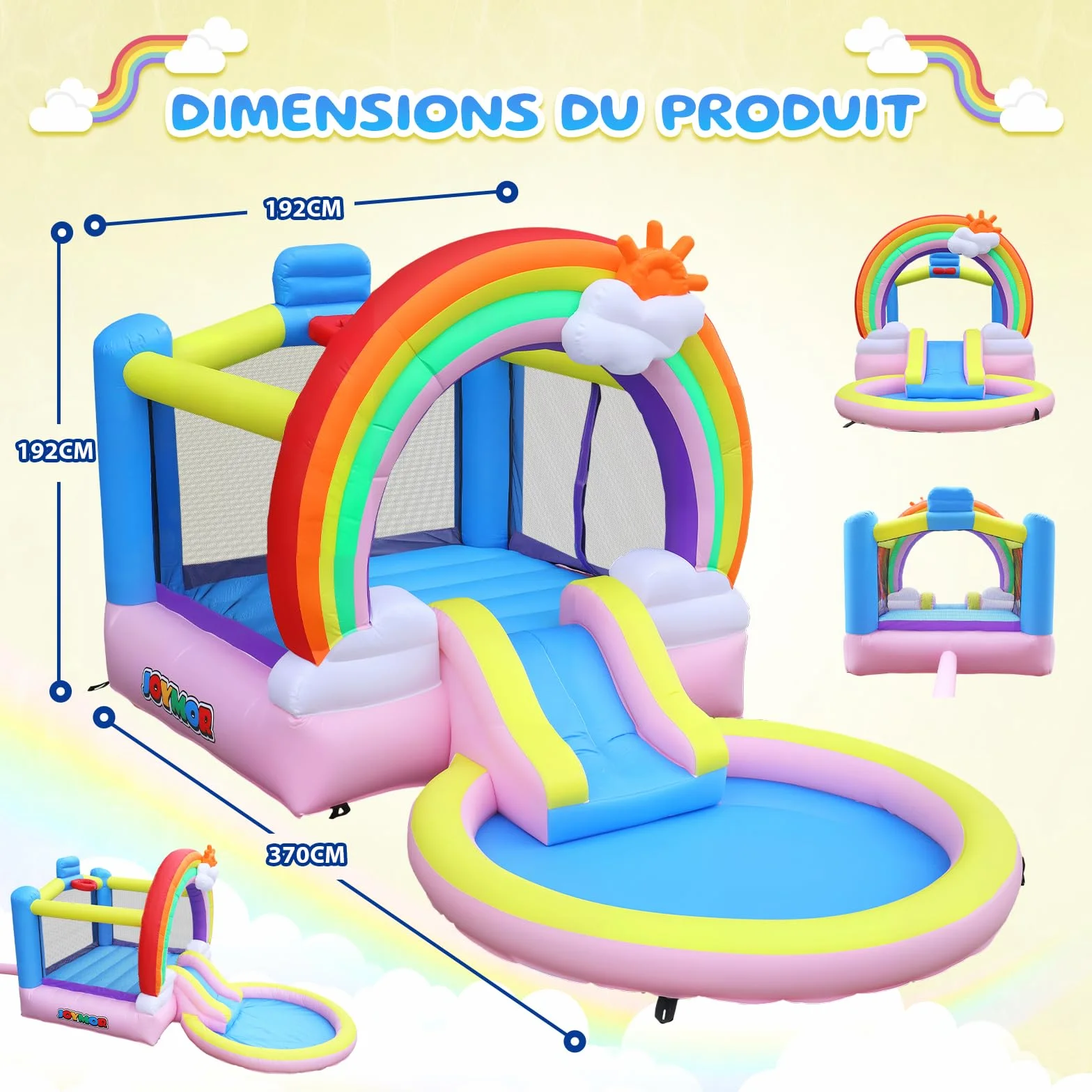 Bonnlo Chateau Gonflable avec Piscine à Balles, Toboggan Aquatique et Trampoline pour Enfant, Thème Arc-en-Ciel