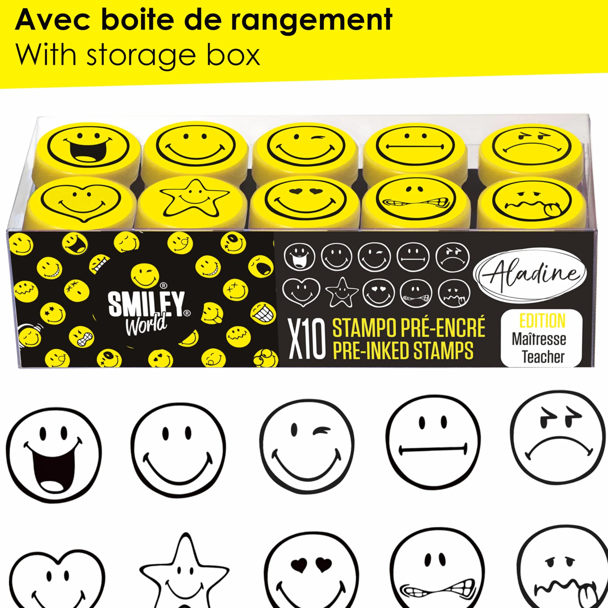 Aladine 10 Tampons Encreurs Smiley World Emoji Enfants Enseignants Humeur Encouragements