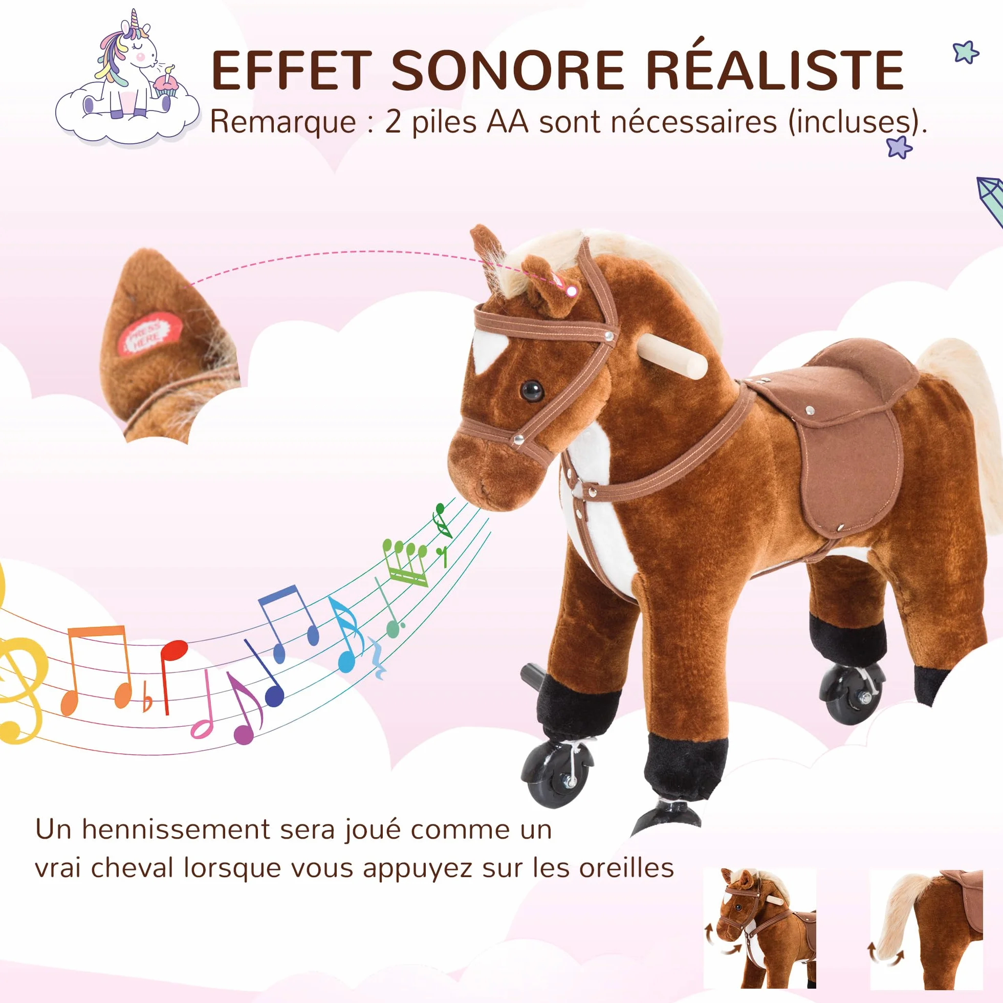 HOMCOM Cheval en Peluche pour Enfant +24 Mois avec Effet Sonore, Repose-Pieds, Guidon, Charge 60 kg, 55x23x60 cm, Marron