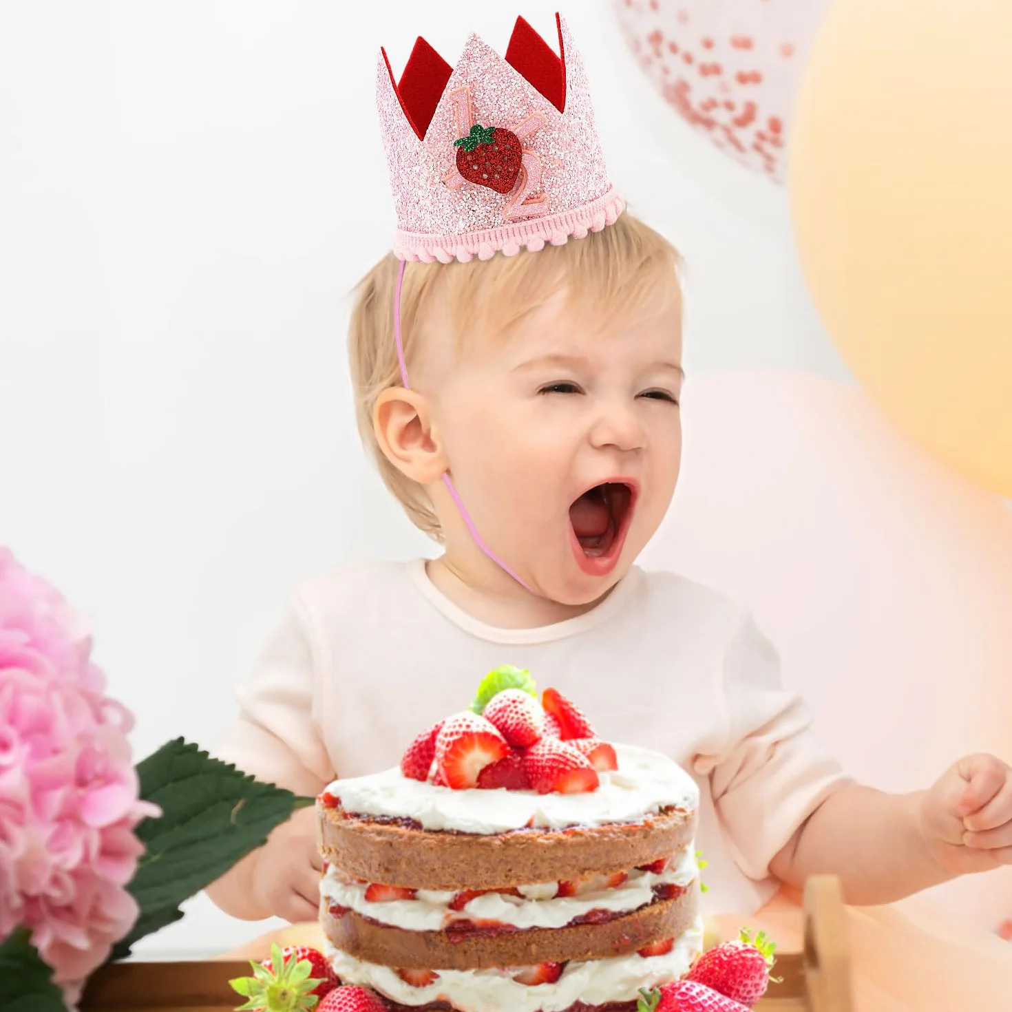 PEUTIER Chapeau Fraise 1/2 Anniversaire, Demi-Anniversaire Baies Roses Couvre-Chef pour Décoration Fête Baby Shower