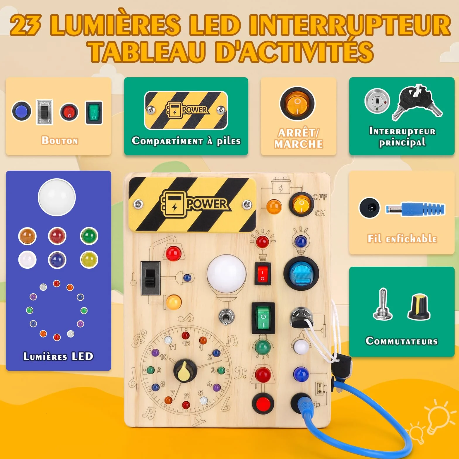 Busy Board Montessori 1 an Tableau d'Activités Horloge en Bois Sensorielle 10 Interrupteurs 23 Lumières LED Jeu Éducatif Motricité Fine