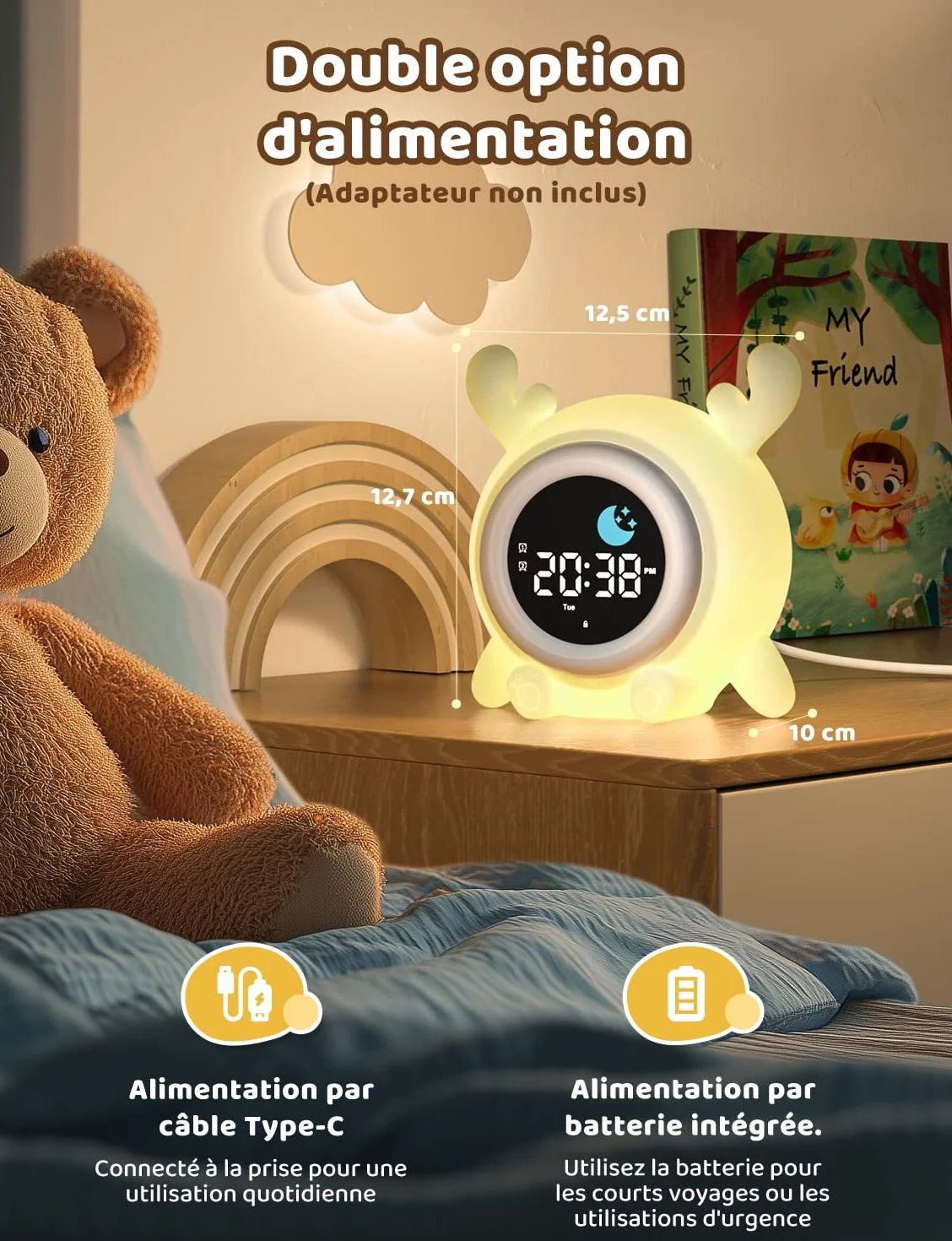 YISSVIC Réveil Enfant Educatif Jour/Nuit 2 Alarme 12/24 Heure Snooze Luminosité Réglable 7 Couleurs 10 Chansons