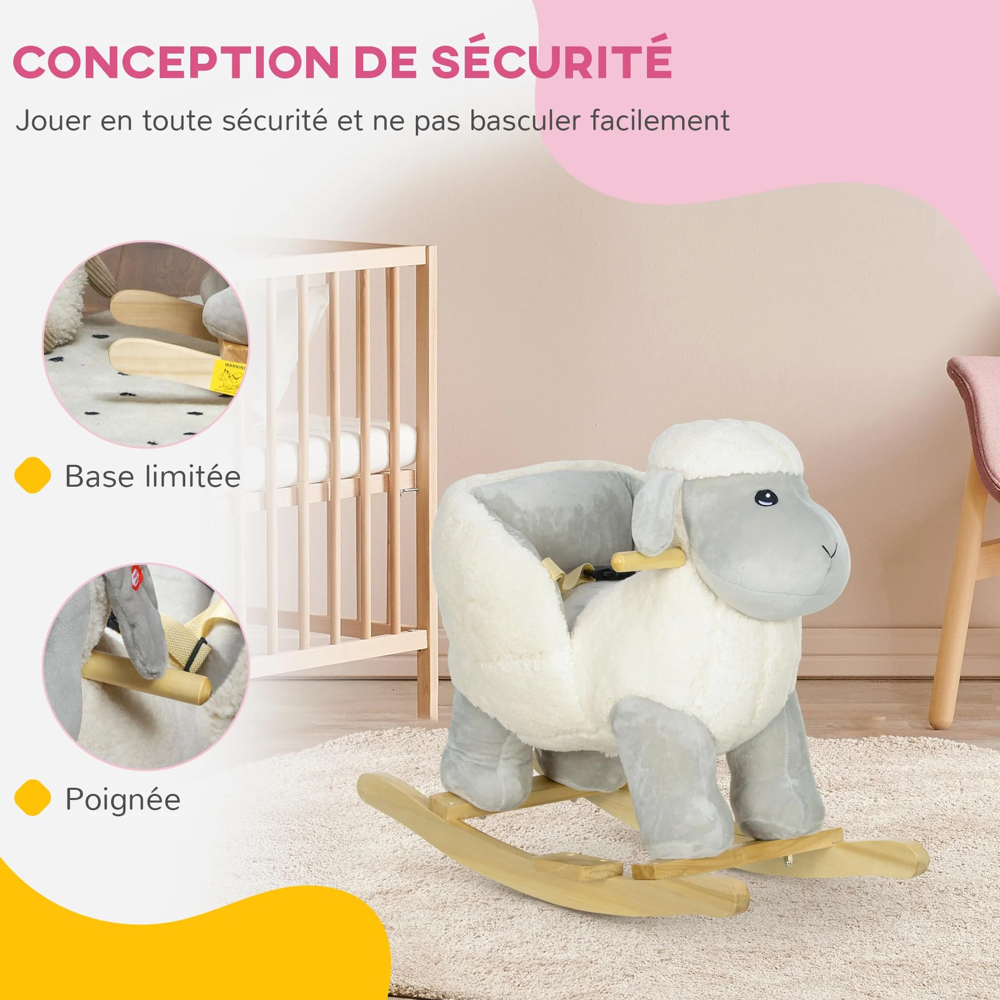 AIYAPLAY Cheval à Bascule pour Enfant, Jouet à Bascule en Peluche Agneau, 68 x 35 x 55 cm, Gris