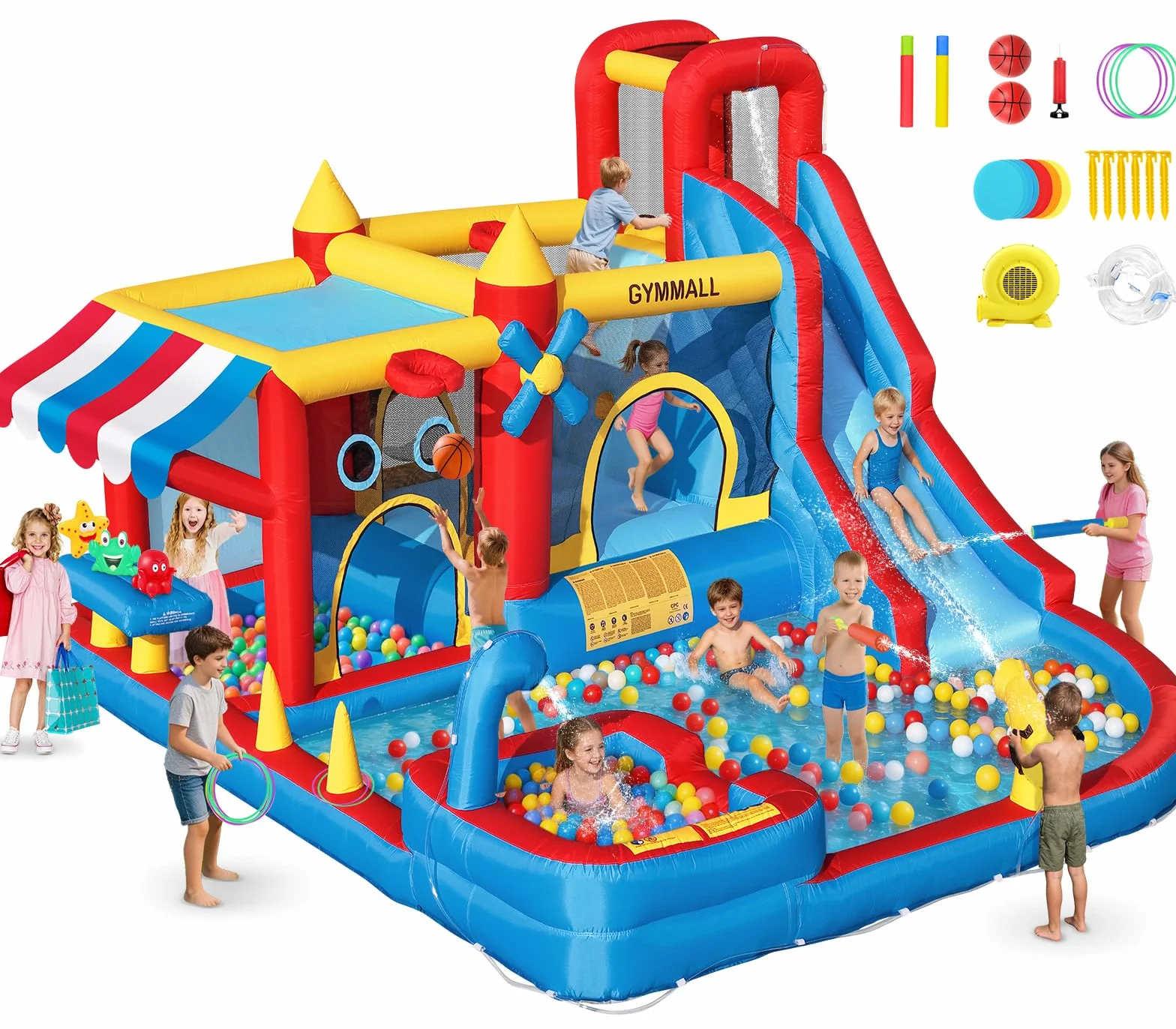 Château Gonflable 10-en-1 Enfants avec Toboggan Aquatique, Pataugeoire, Trampoline, Souffleur 550W
