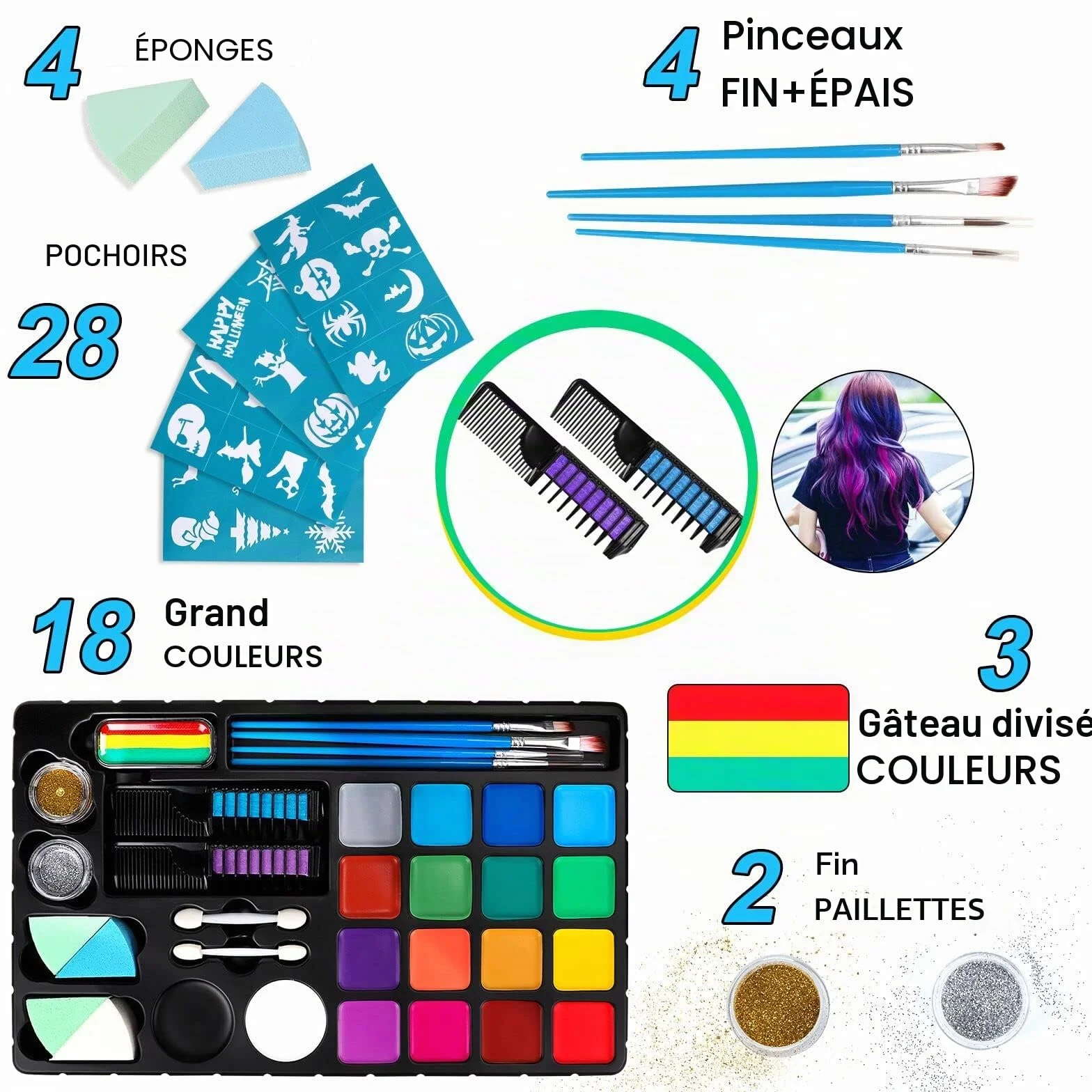 Kit Peinture Visage Enfant Maquillage Halloween 18 Peintures à l'Eau 28 Pochoirs