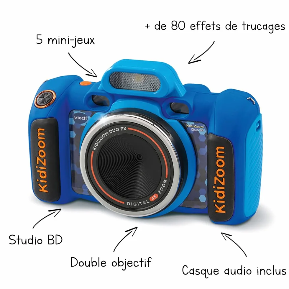 VTech KidiZoom Duo FX Bleu Appareil Photo Numérique Enfant Écran Couleur Studio BD Filtres Effets Cadeau 4-12 Ans