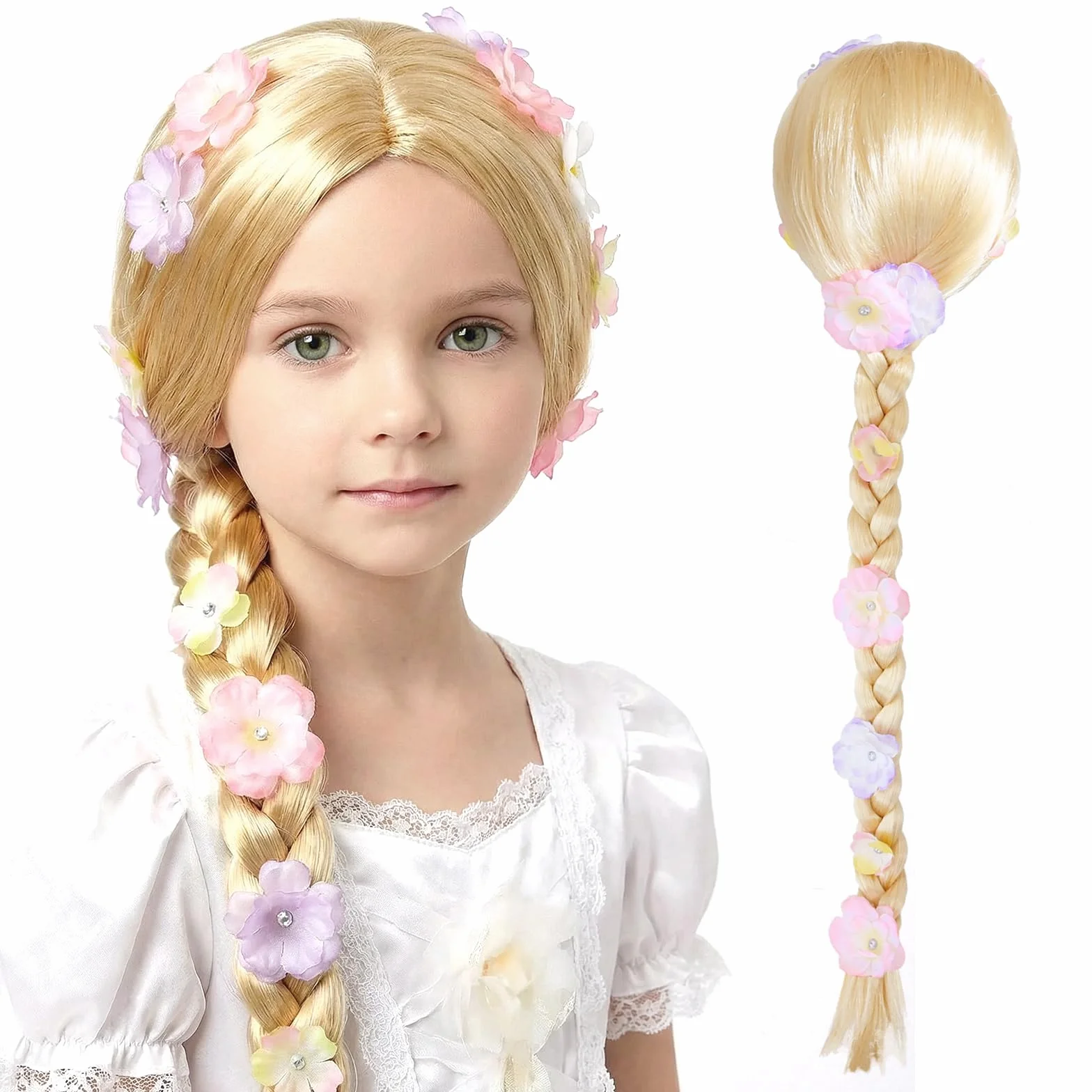 Perruque Princesse Cosplay Raiponce Longues Tresses Blondes Accessoire Cheveux Filles Enfants Carnaval