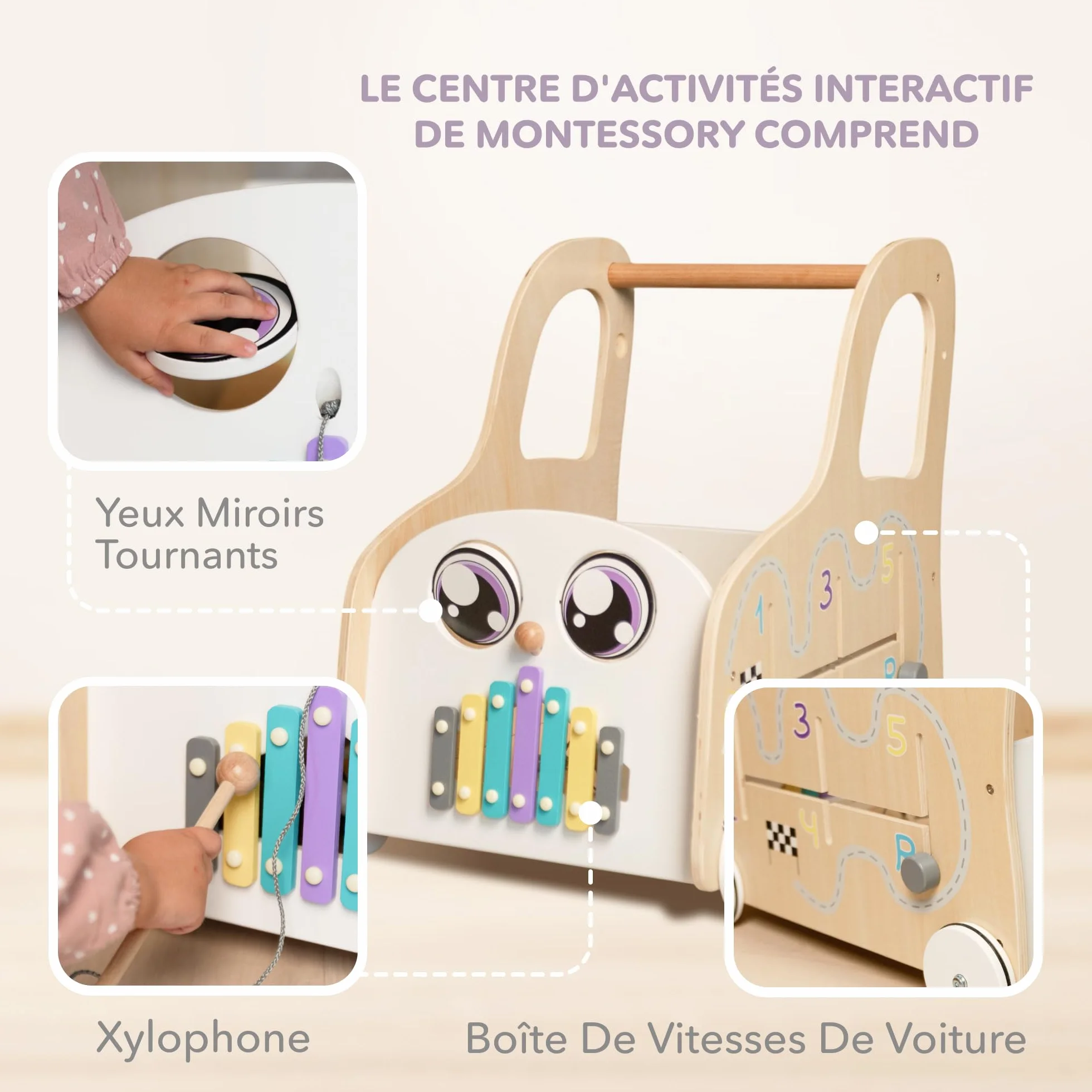 Chariot en Bois Cateam avec Tableau d'Activités Montessori - Jouet à Pousser et Tirer Centre d'Activités Éducatives