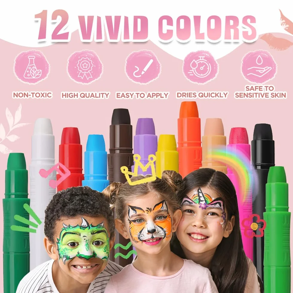 Beesjuy 12 Couleurs Crayon Maquillage Enfant Non-Toxique Lavable Peinture Visage Carnaval Halloween