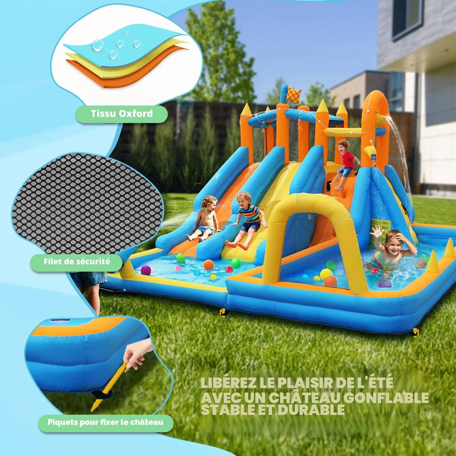FOOING Château Aquatique Gonflable avec 2 Toboggans, Mur d'escalade, Panier de Basket et Filet de Sécurité pour Enfants