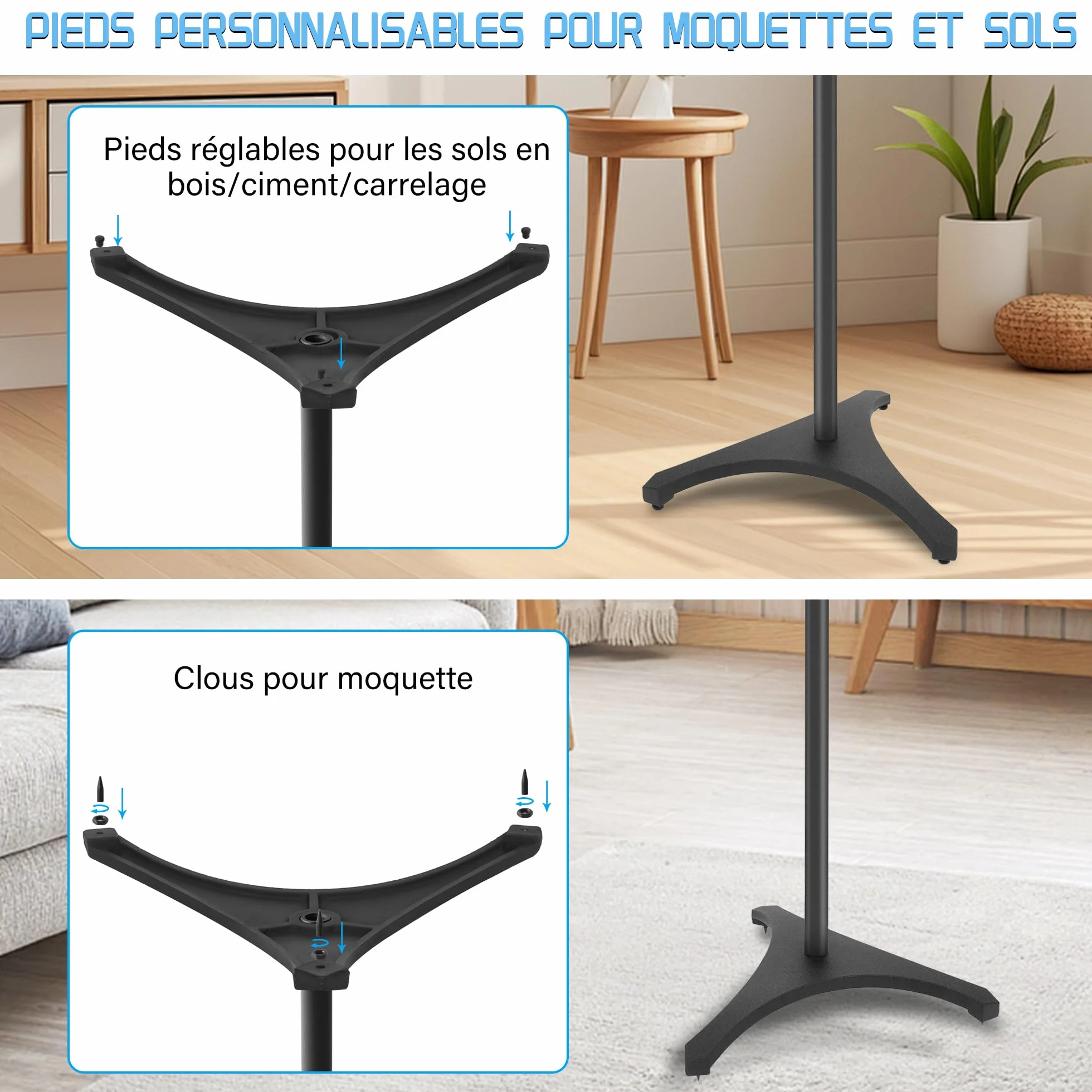 OUUTMEE Supports d'Enceinte Réglable en Hauteur, Pieds d'Enceintes Universel avec Base Triangulaire et Gestion des Câbles