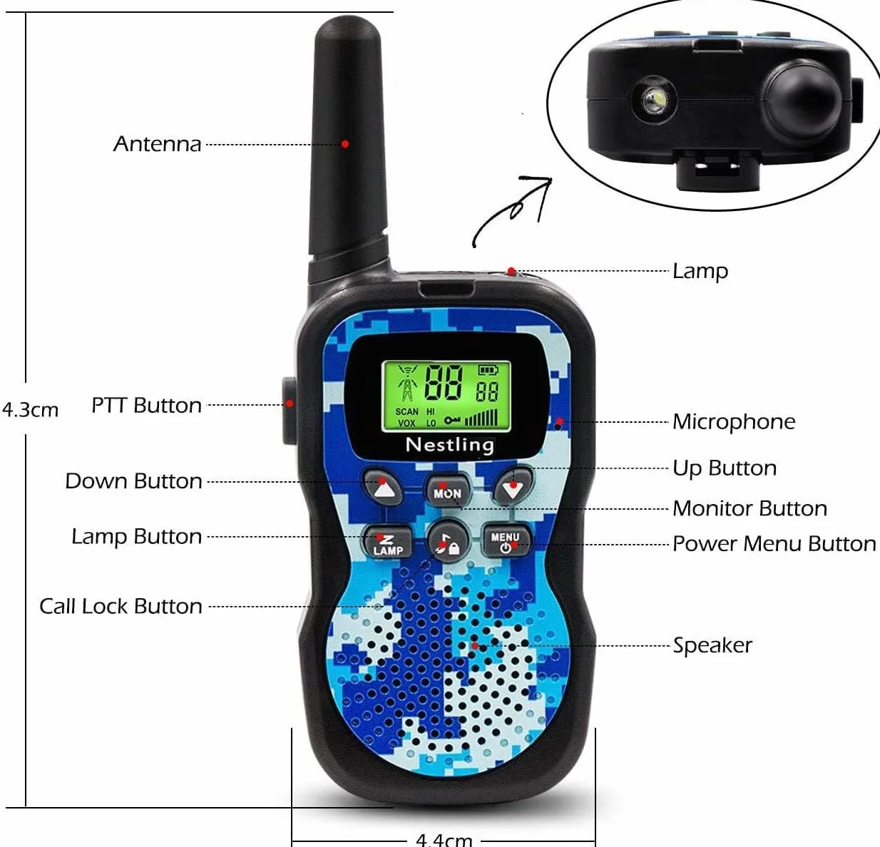 Nestling Talkie Walkie Enfants, Radio à 2 Voies avec 8 Canaux, Lampe de Poche LCD Rétro-éclairée, Jouets pour 3-12 Ans Camping