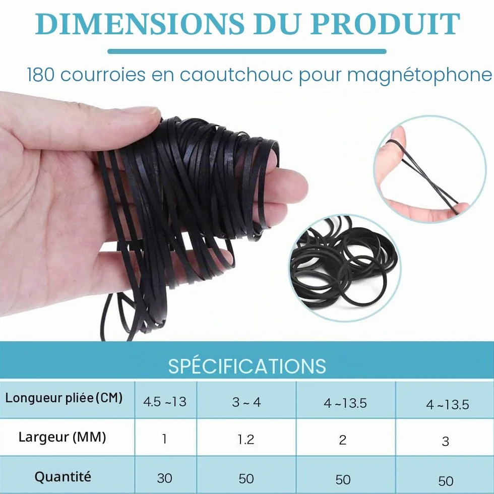 180 PCS Ceinture Cassette Tape Universelle Mix 1mm 4.5-13cm 1.2mm 3-4cm 2mm 4-13.5cm 3mm 4-13.5cm pour Enregistreur
