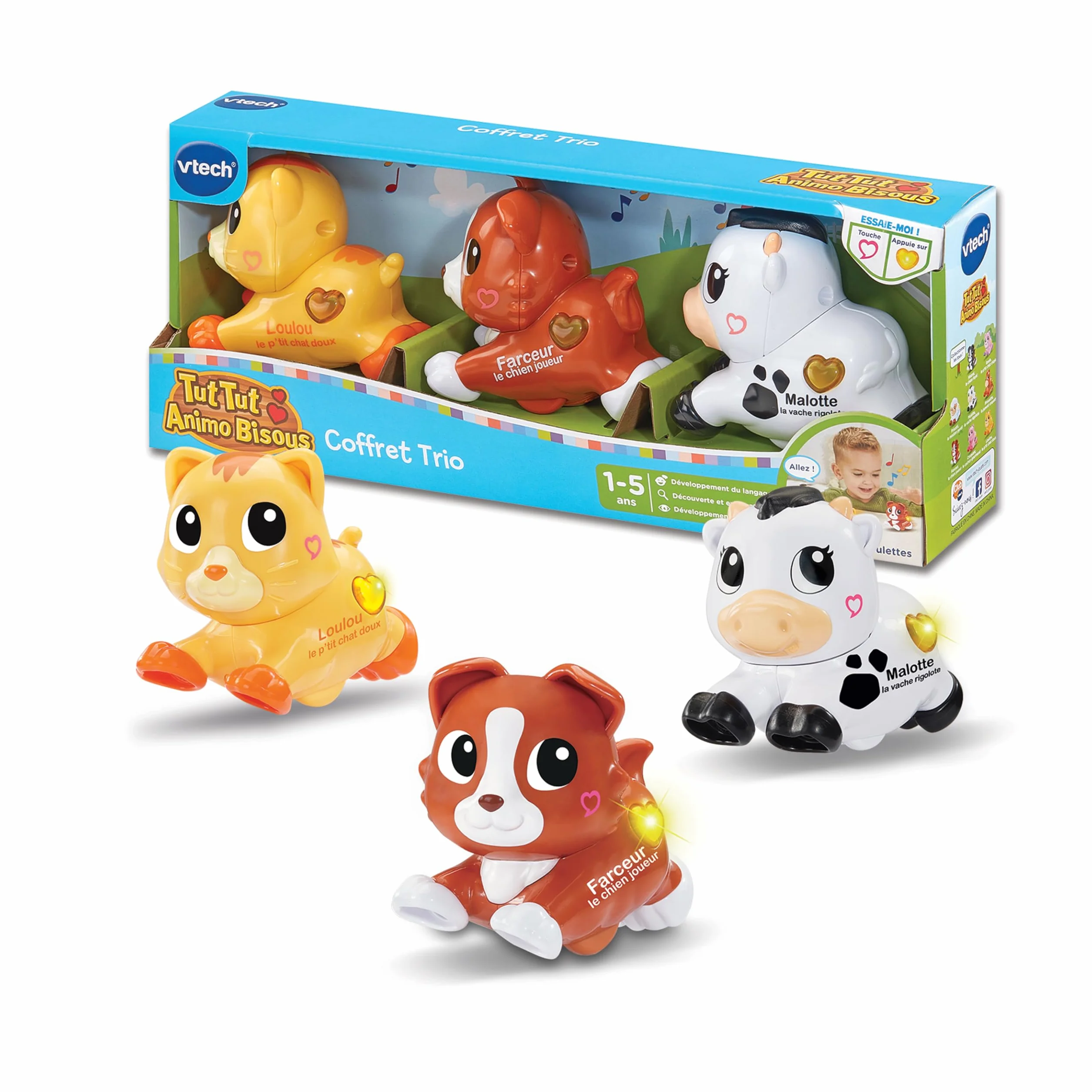 VTech Tut Tut Animo Bisous Coffret Trio 3 Animaux Interactifs à roulettes Chat Chien Vache Jouets Musicaux Cadeau Enfant 1-5 Ans