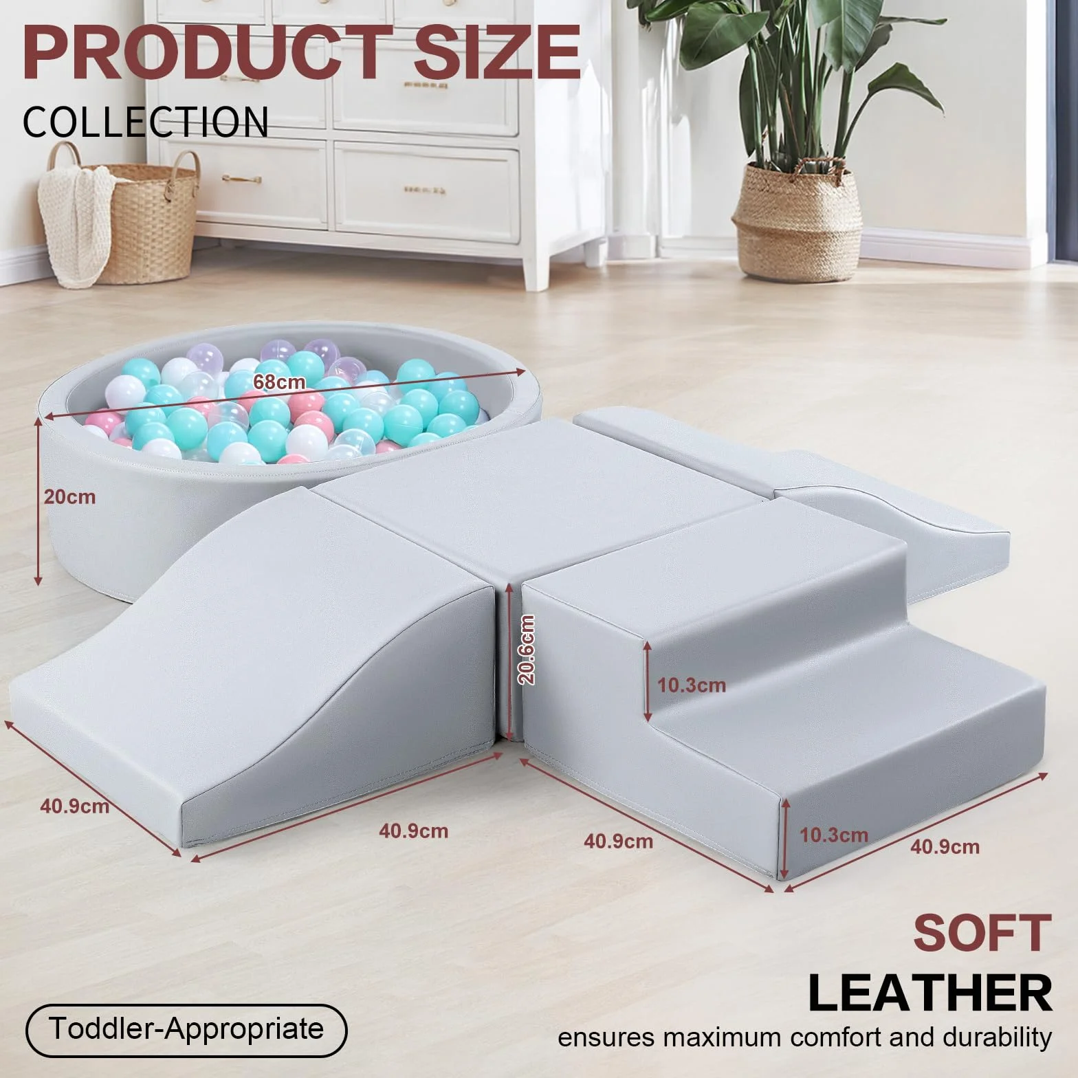 SweHouse Série de 5 pièces Équipement de Jeu en Tissu, Bain de Ballons et Fosse pour Enfants, Jouets d'escalade, Blocs en Mousse Gris