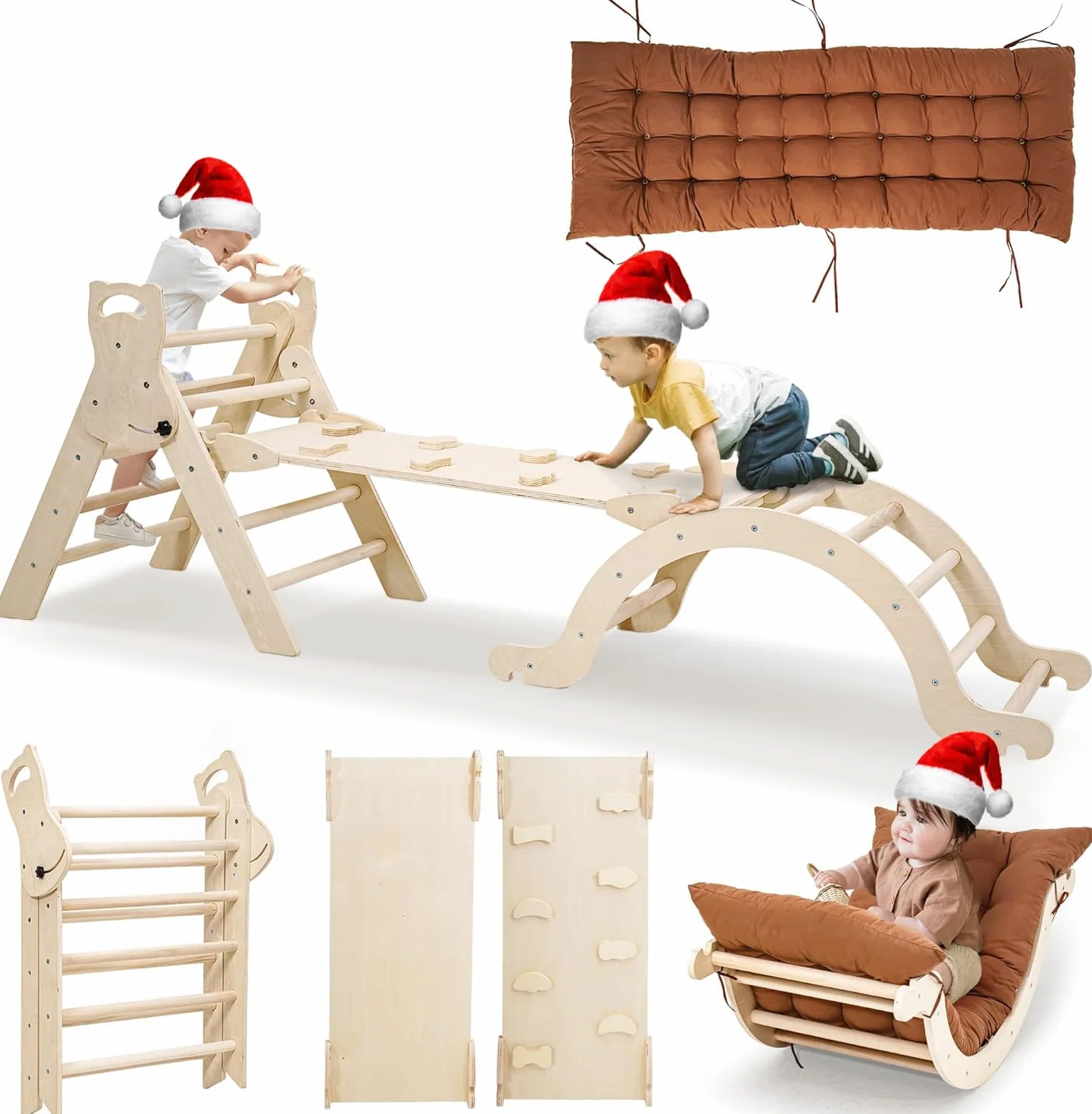 Arche Montessori Escalade Enfant Bebe Jeux en Bois Hêtre avec Toboggan Échelle Coussin Aire de Jeux Interieur 1 2 3 4 Ans
