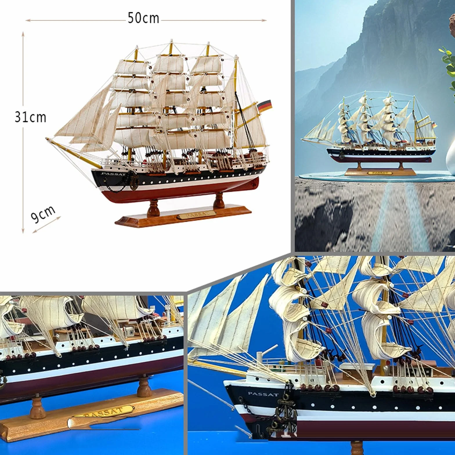 YLME Modèle De Voilier Bateau Artisanal en Bois Massif De Simulation Modèle De Voilier en Bois Méditerranéen Modèle De Voilier en Bois Léger Et Luxueux Modèle De Voilier en Bois,B