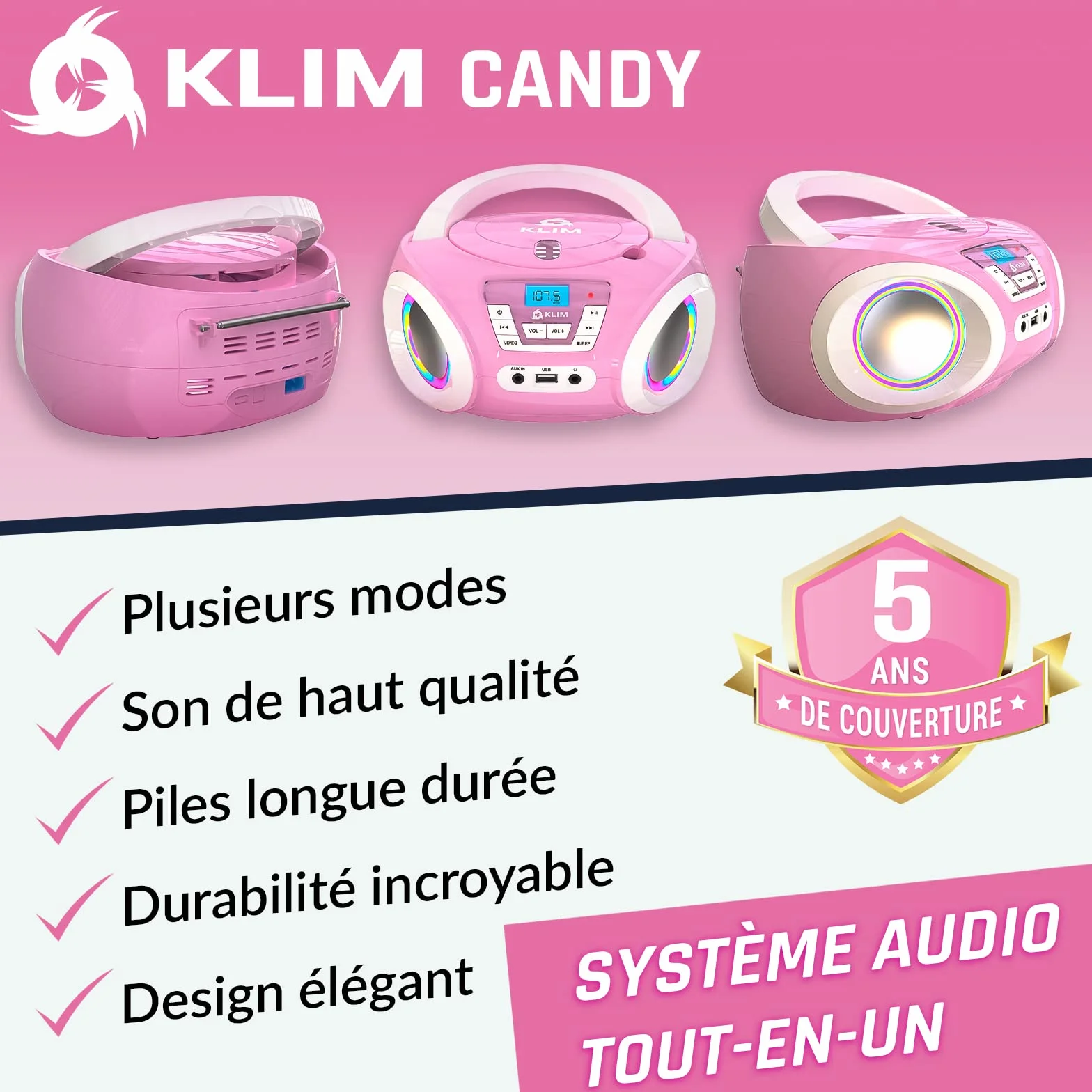 KLIM Candy Lecteur CD Enfant Radio FM Rose avec Haut-parleurs