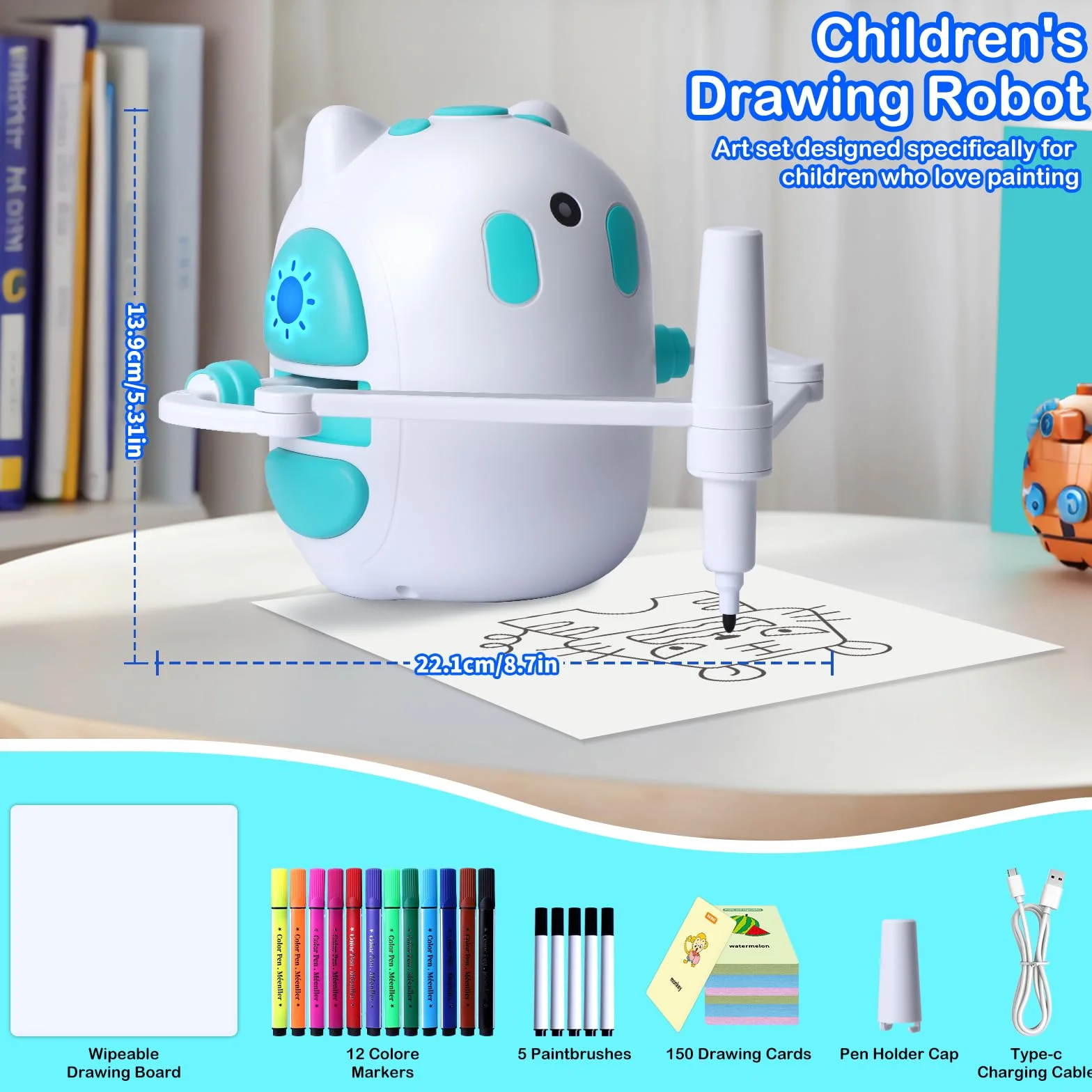 Robot de dessin pour enfants 150 cartes éducatives avec guide vocal Montessori Cadeau Anniversaire Noël 3-8 ans