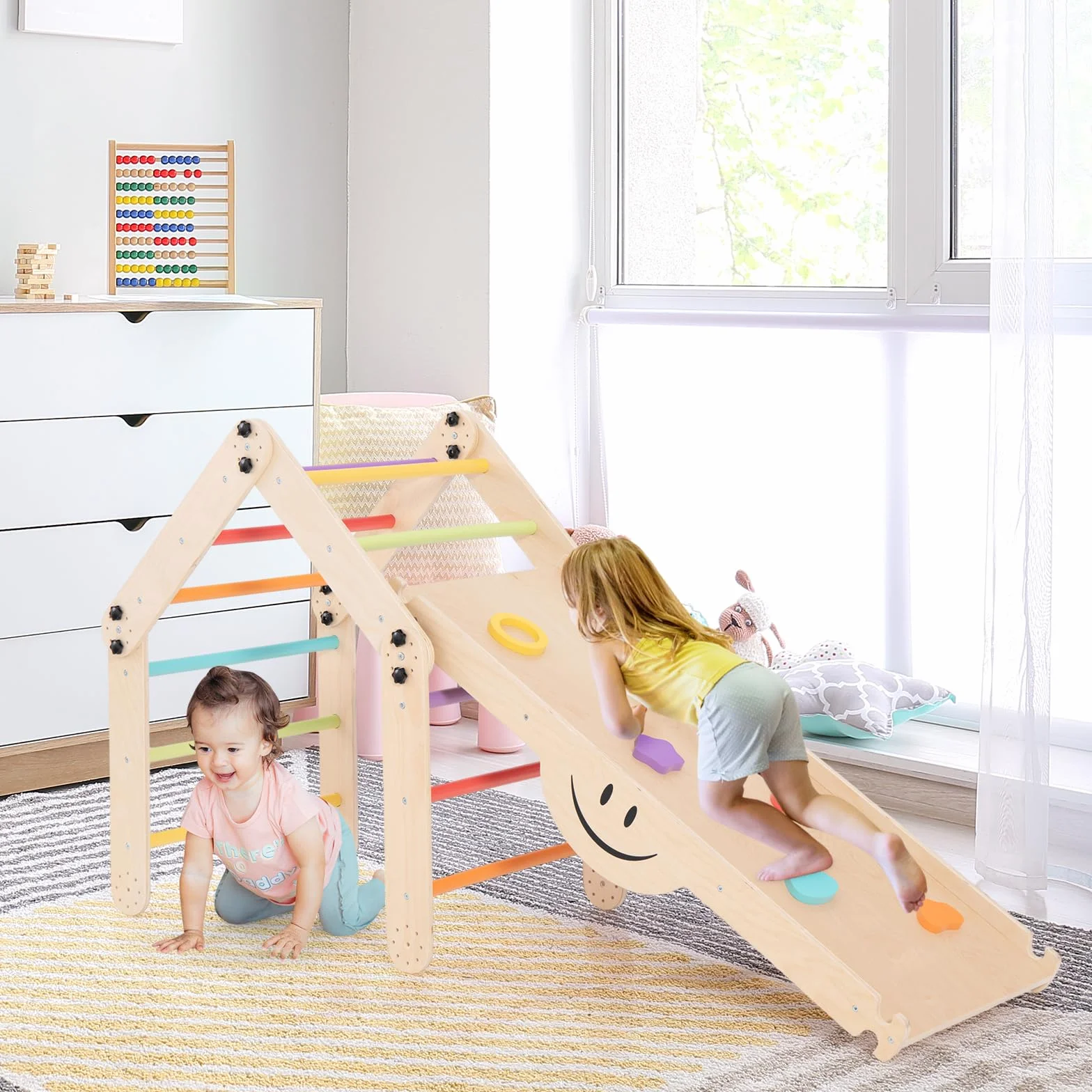GOPLUS 7 en 1 Triangle Escalade Enfant Montessori en Bois avec Échelle Modulable, Rampe d'escalade Réversible, Charge 60KG