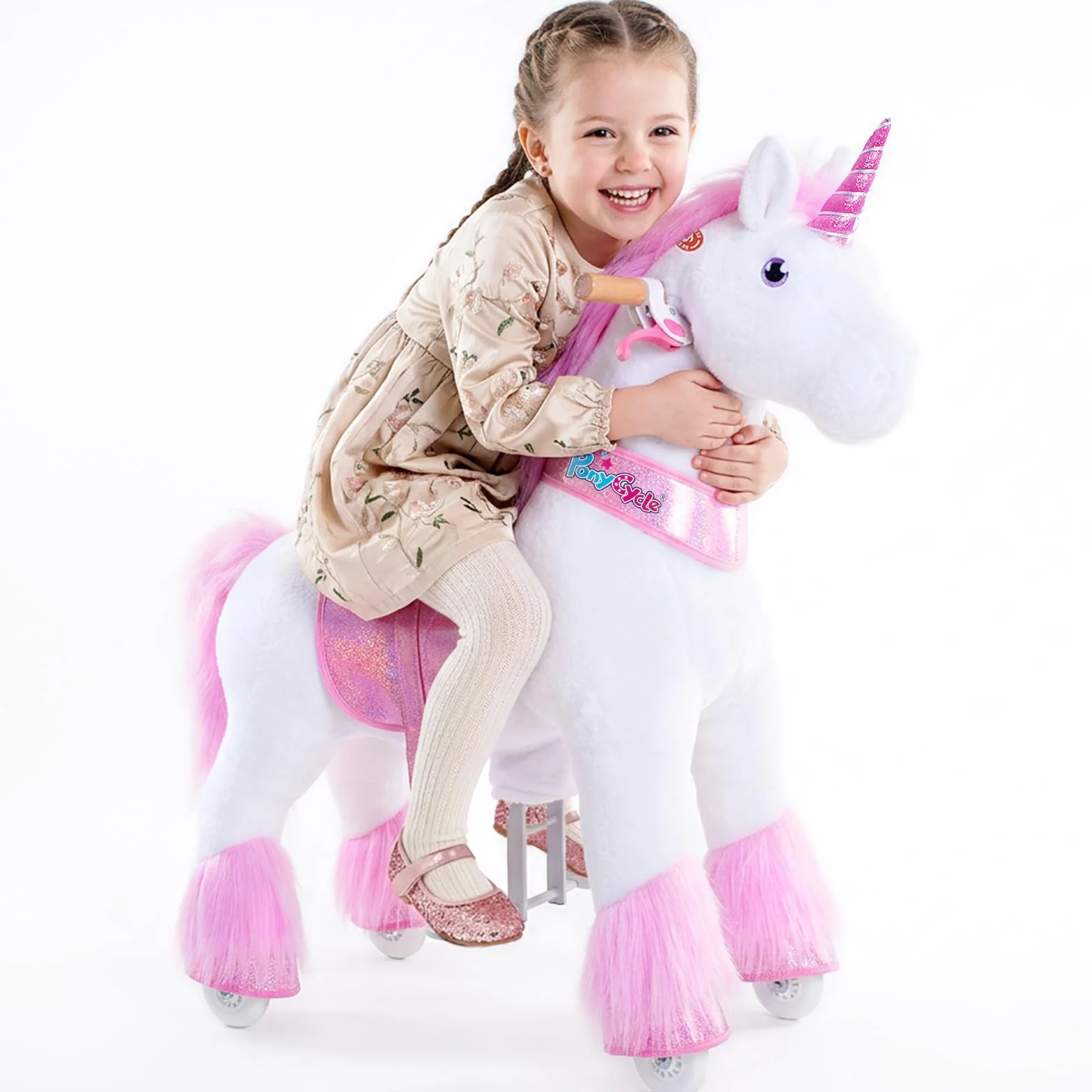 PoneyCycle Officiel Classique Modèle U Licorne Rose Jouet en Peluche sur Roues avec Frein et Son Hauteur 90cm Taille 4 pour 4-7 Ans