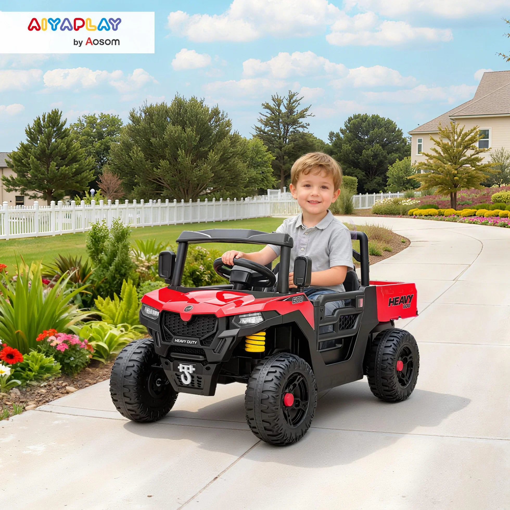 AIYAPLAY UTV 12V Voiture électrique Tout-Terrain pour Enfants avec Coffre à Bagages, 2 Moteurs, Ceinture de sécurité 3 Points, télécommande, Suspension, USB, Musique, lumières, 1,8-3,7 km/h, 3-8 Ans,