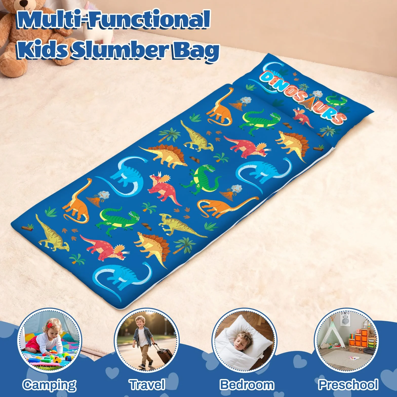 Sac Couchage Enfants 150x60cm avec Couverture et Oreiller Amovibles Léger Garcon Fille 3-7 Ans Voyage Camping