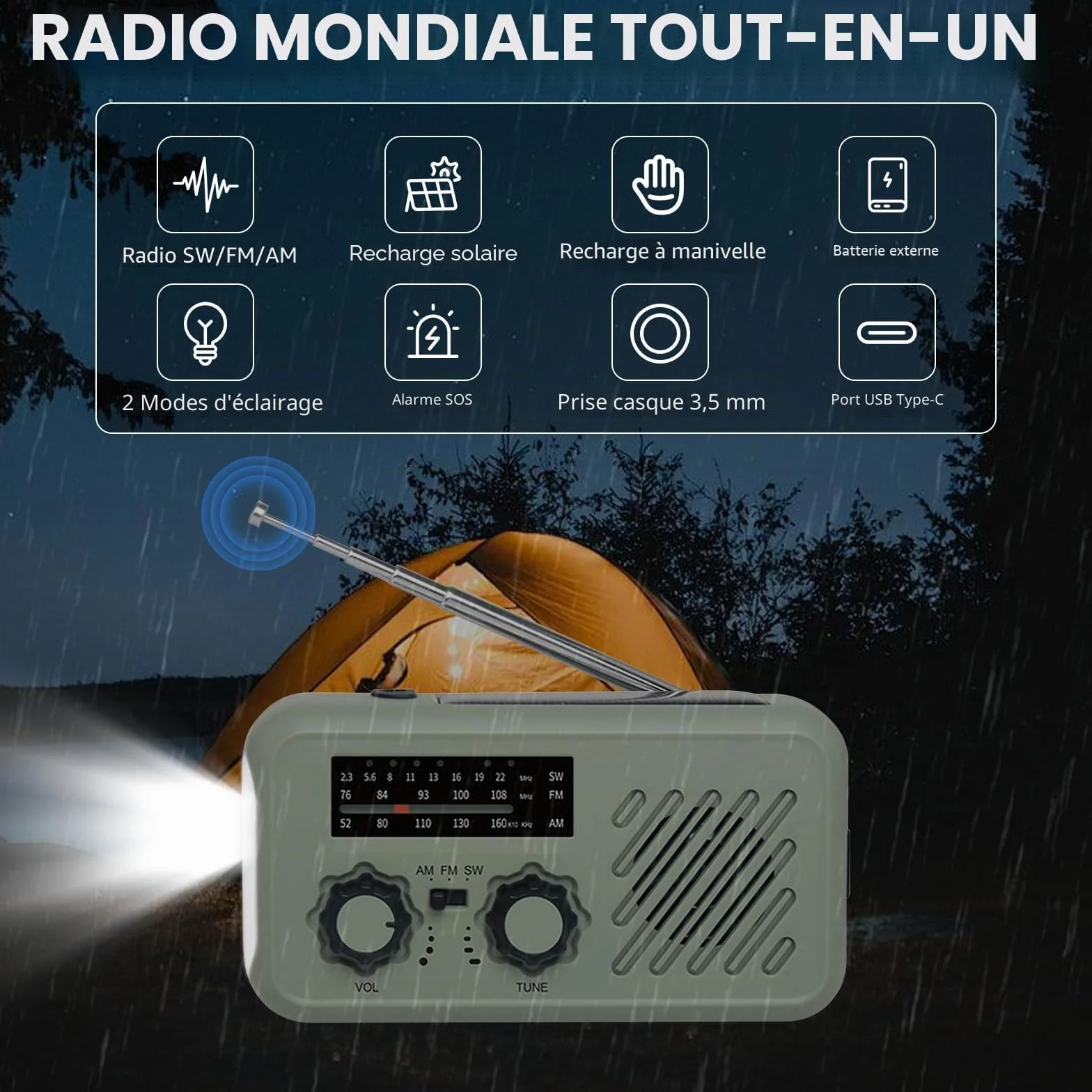 Radio Solaire d'Urgence AM/FM/WB Portable avec Batterie 2000mAh, LED, SOS, Recharge Téléphone