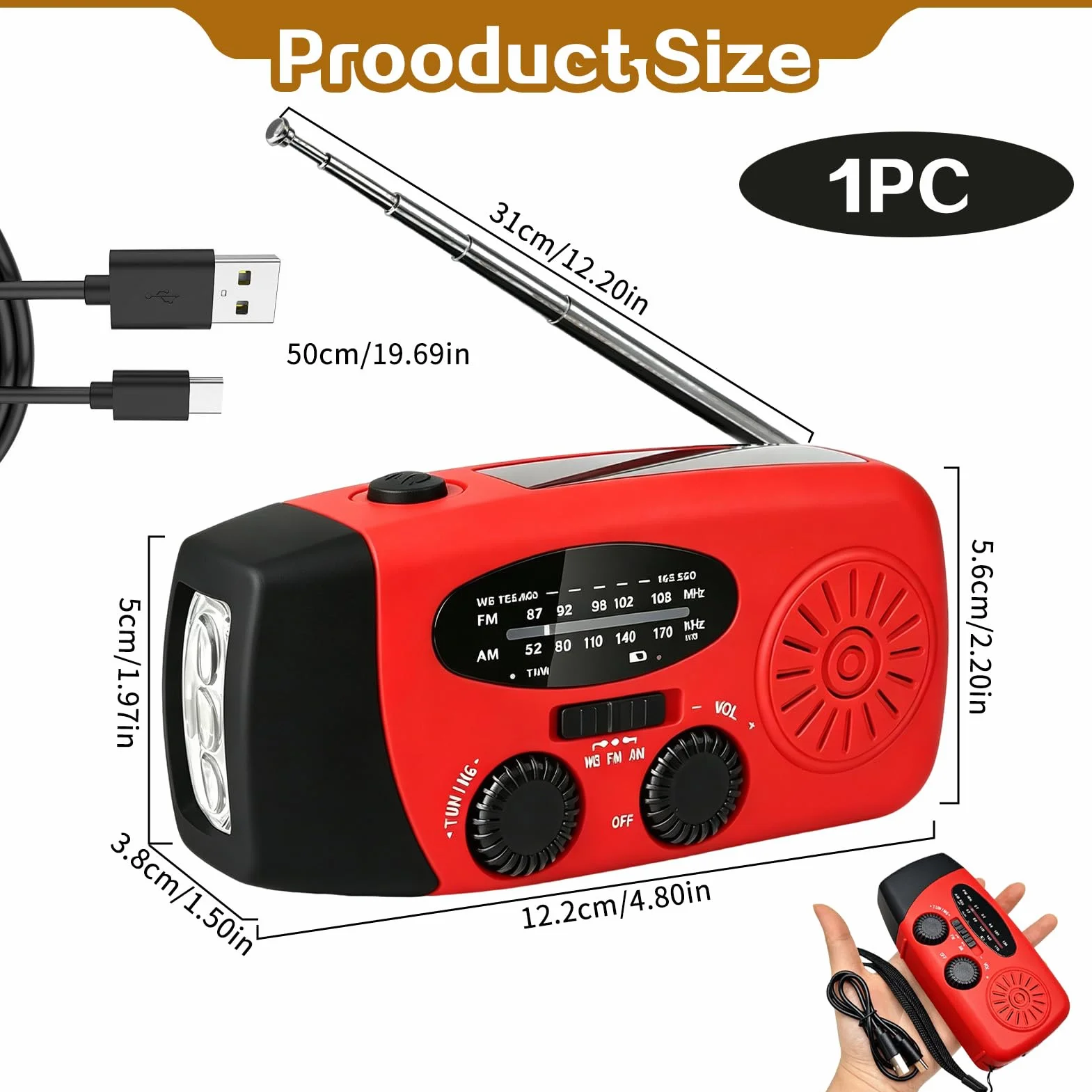 Radio Solaire d'Urgence Portable AM/FM avec Lampe Torche LED et Batterie Rechargeable 600mAh