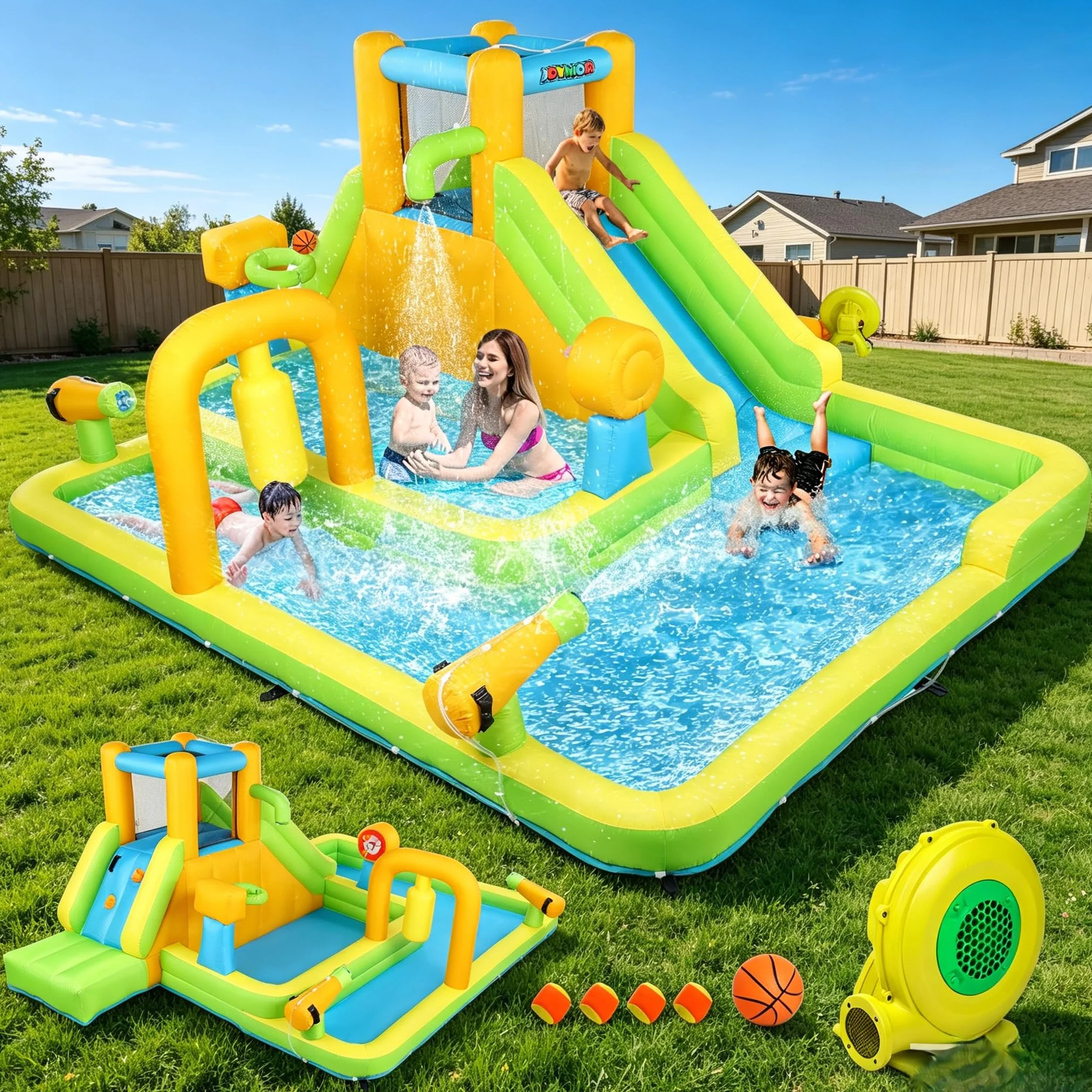 Bonnlo Chateau Gonflable Extérieur avec Piscine 450x300x180cm Toboggan Aquatique Enfant