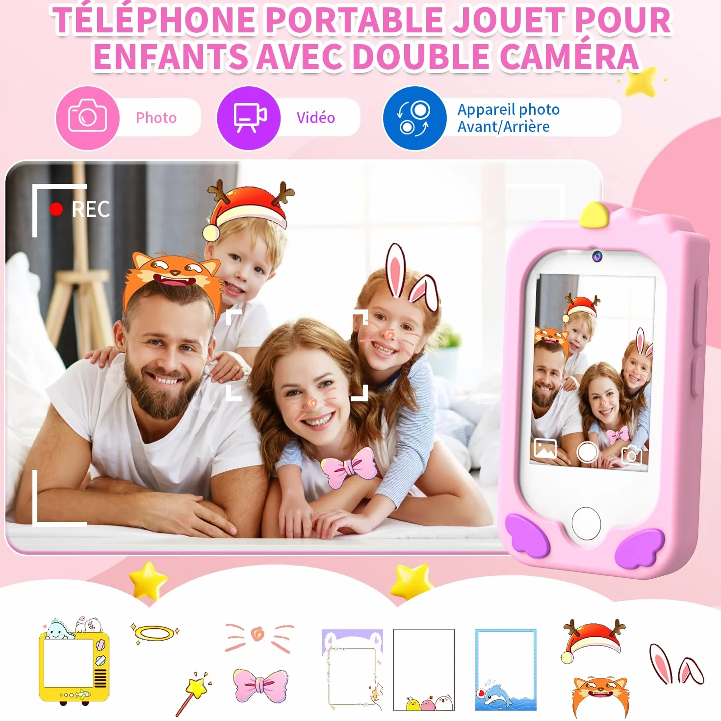 CHAKEYAKE Telephone Enfant avec Double Caméra, 2,8" Tactile écran, 32GB Carte, Jouet Apprentissage pour Filles 3-10 Ans
