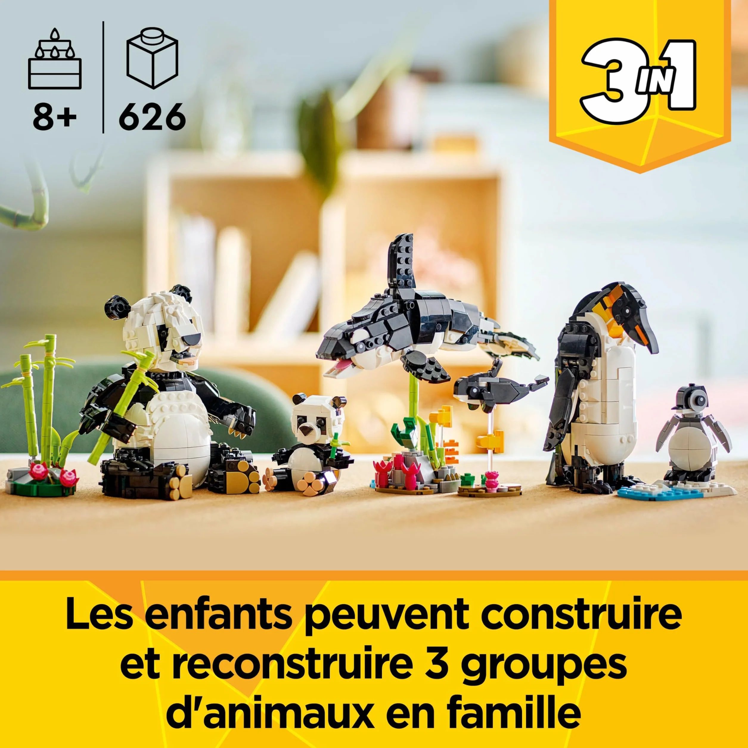 LEGO Creator 3-en-1 Animaux Sauvages Famille Pandas Jouet Construction Transformant Figurines Manchots Orques Cadeau 8 Ans 31165