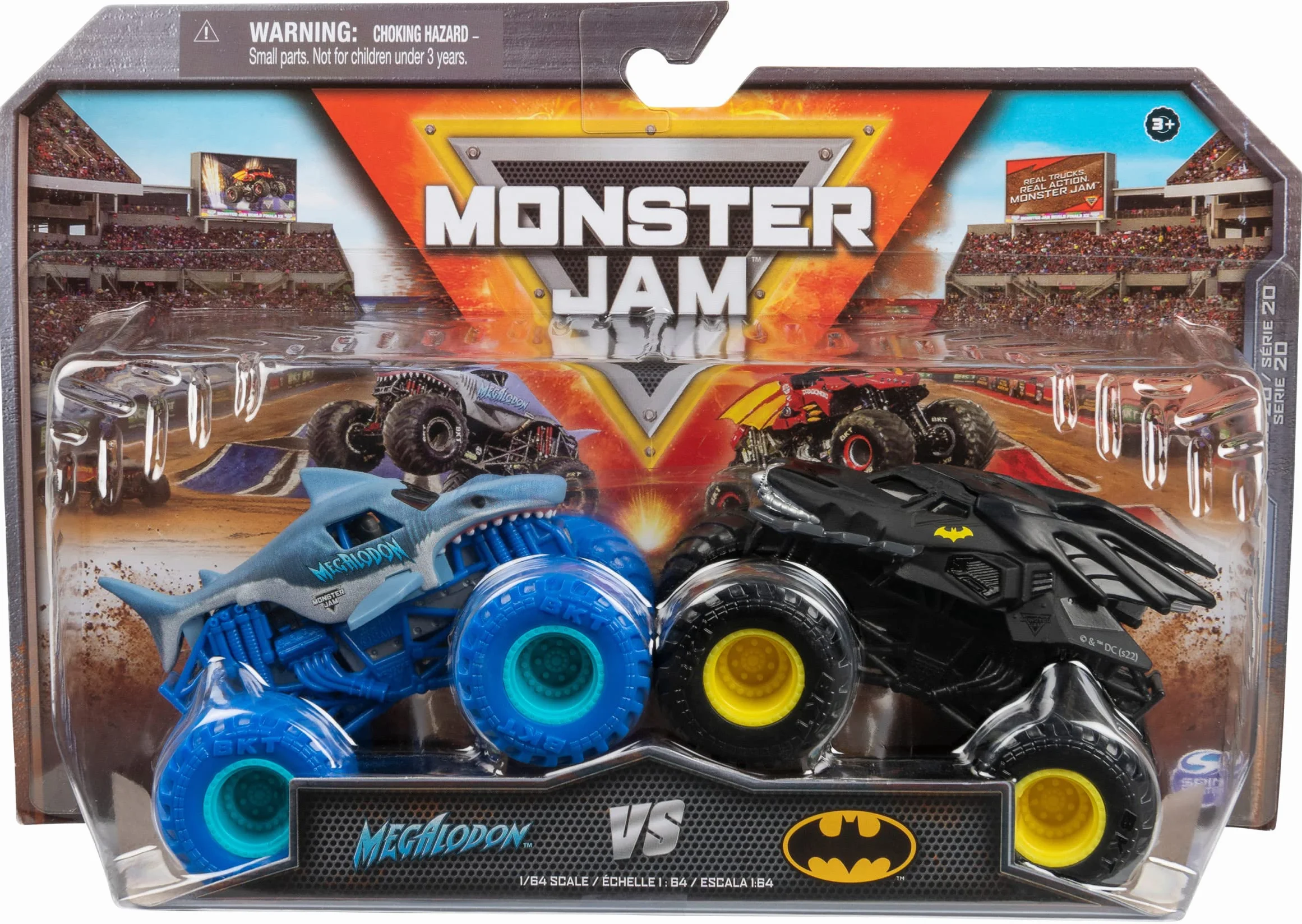 Monster Jam Lot de 2 Originaux Batmobile vs. Megalodon Monster Trucks échelle 1:64