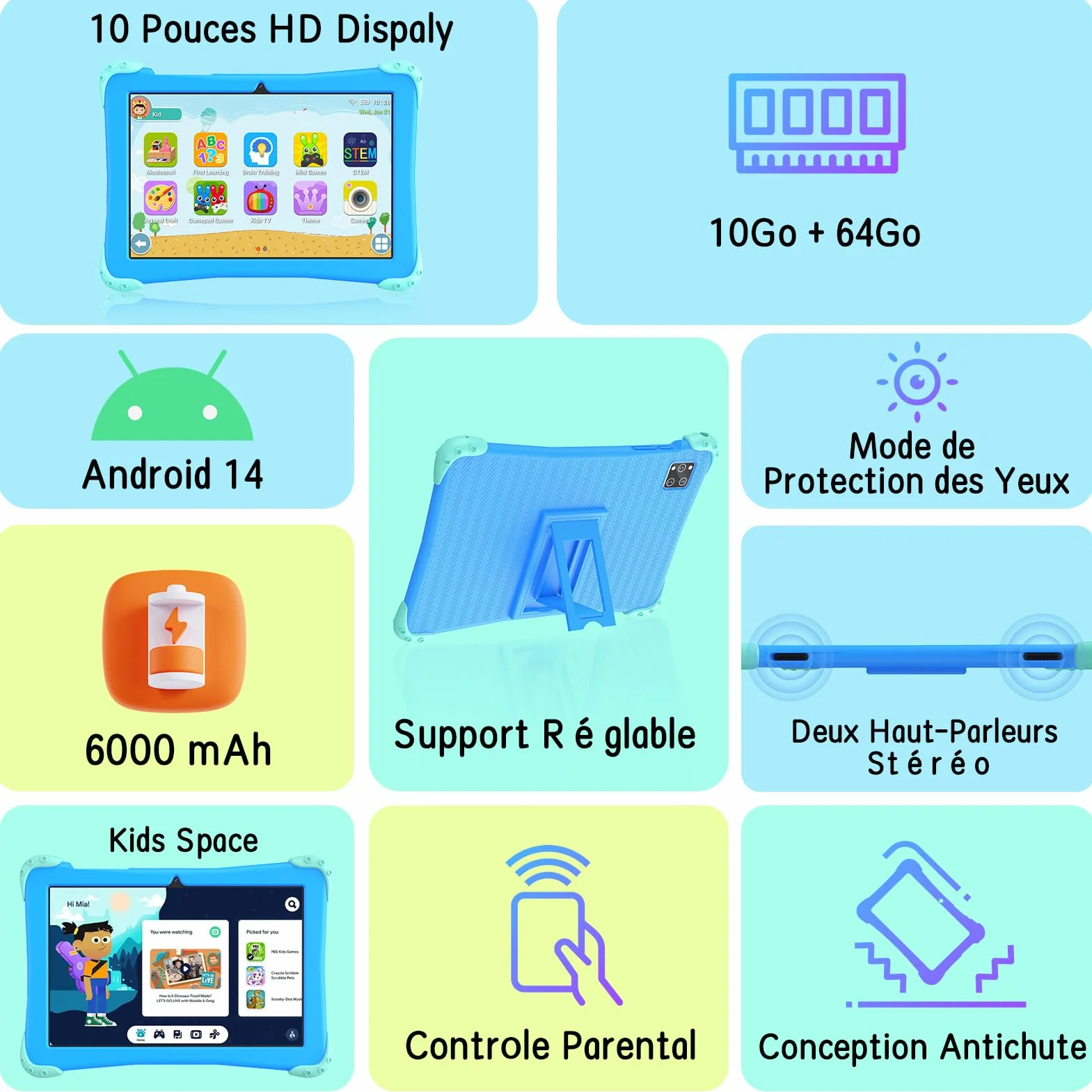 EagleSoar Tablette Enfants 10 Pouces, Android 14 Processeur Octa-Core, Kids 3 à 12 Ans, 10Go RAM + 64Go ROM, AVCE Logiciel Apprentissage pour Eenfants et Contrôle Parental (Blau)