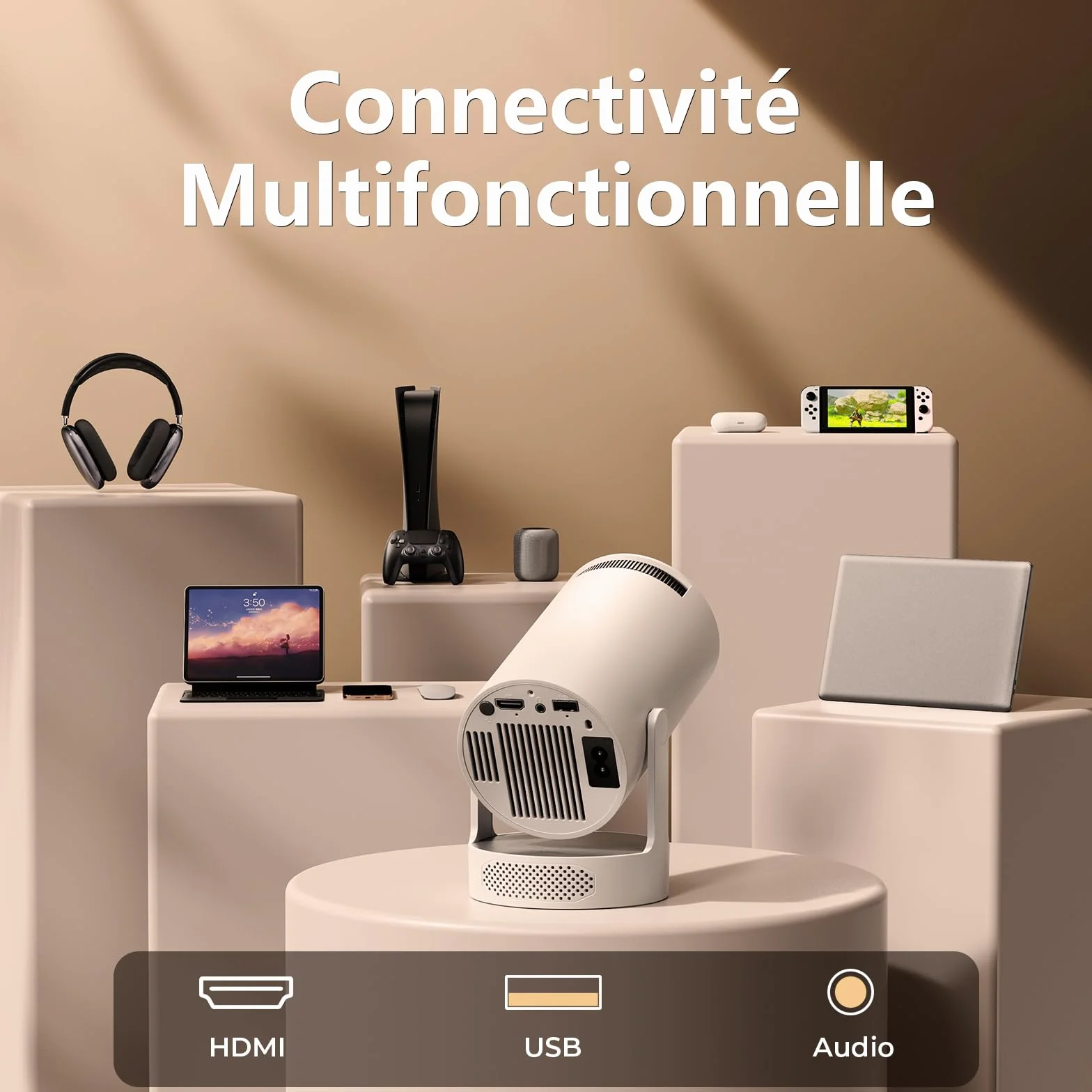 Mini Projecteur 4K 1080P Android 11 WiFi 6 Bluetooth 5.0 300 Lumens ANSI Keystone Vertical Auto Haut-Parleur HiFi Blanc