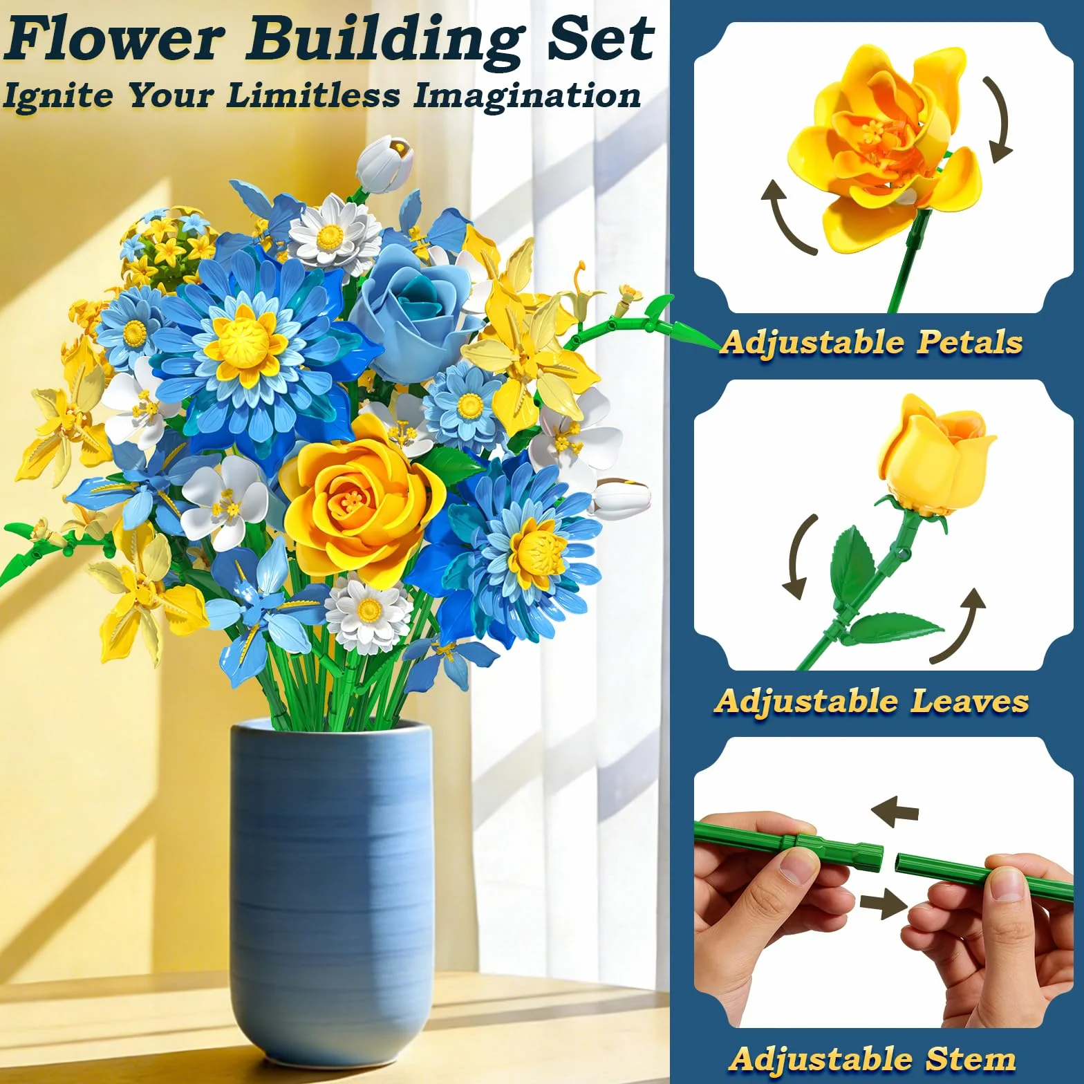 Starry Blooms Ensemble de Construction de Bouquet de Fleurs Compatible avec Lego Dahlia Roses pour Décor Maison