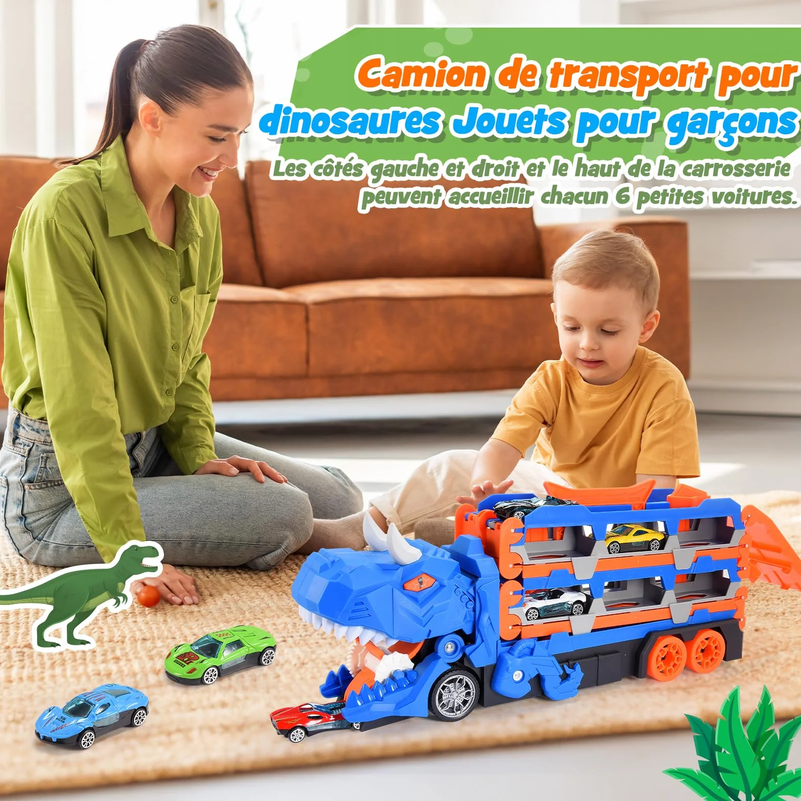 Camion Dinosaure Jouet Enfant 2-6 Ans 150 CM Transport avec 6 Mini Voitures