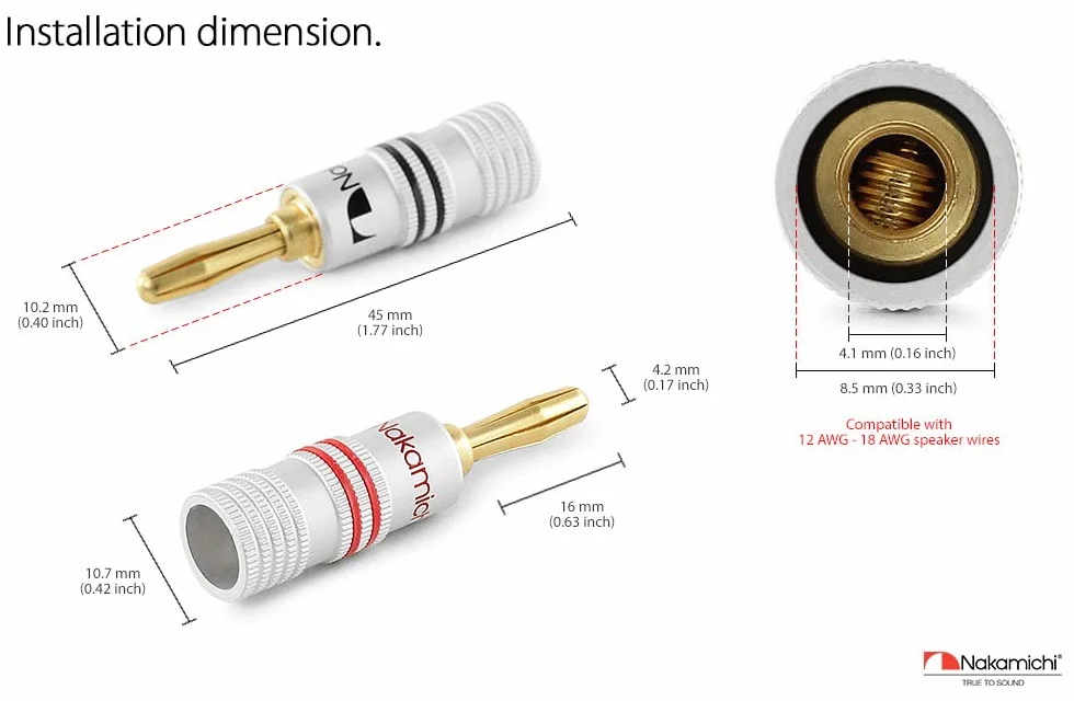 Nakamichi Fiche banane plaquée or 24K 12 AWG - 18 AWG 4 mm pour haut-parleurs Amplificateur Hi-Fi Connecteur à vis 4 pièces