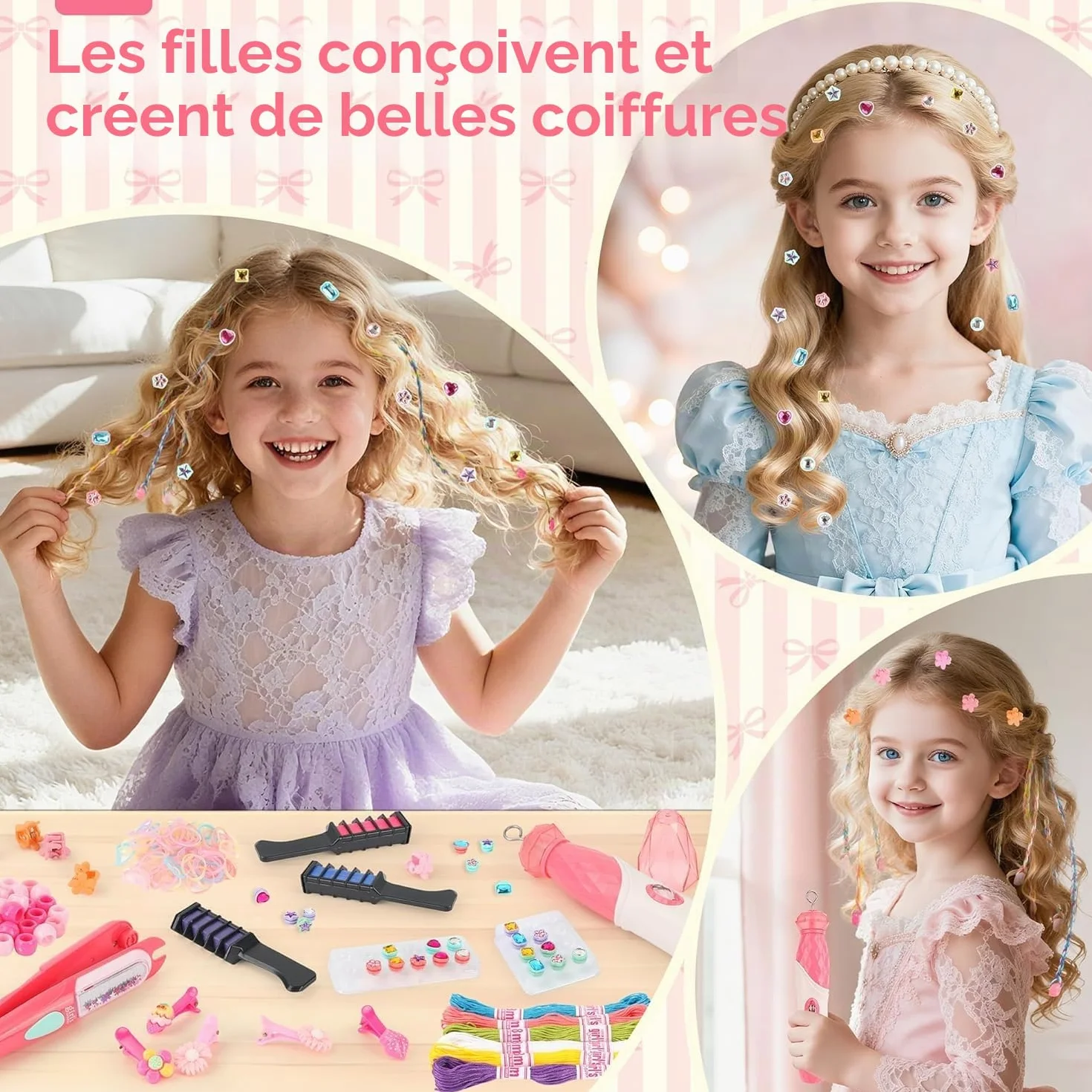 JONRRYIN Kit de broderie de cheveux 3-en-1, machine à tresses automatique avec perles et strass pour filles