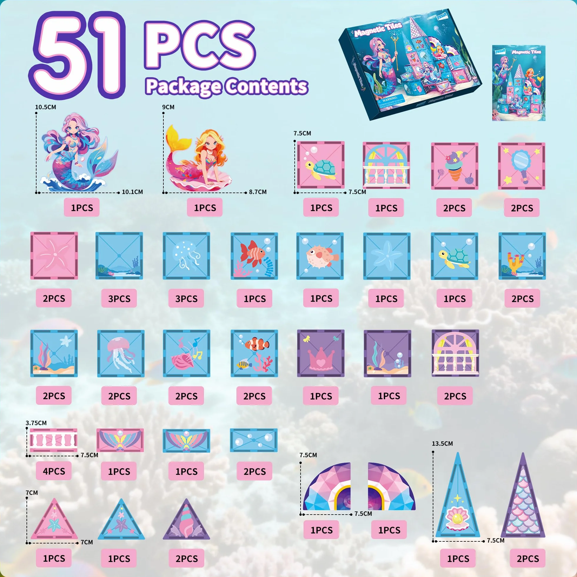Ensemble de construction de carreaux magnétiques sirène 51 pièces, blocs magnétiques éducatifs STEM pour enfants 3-7 ans