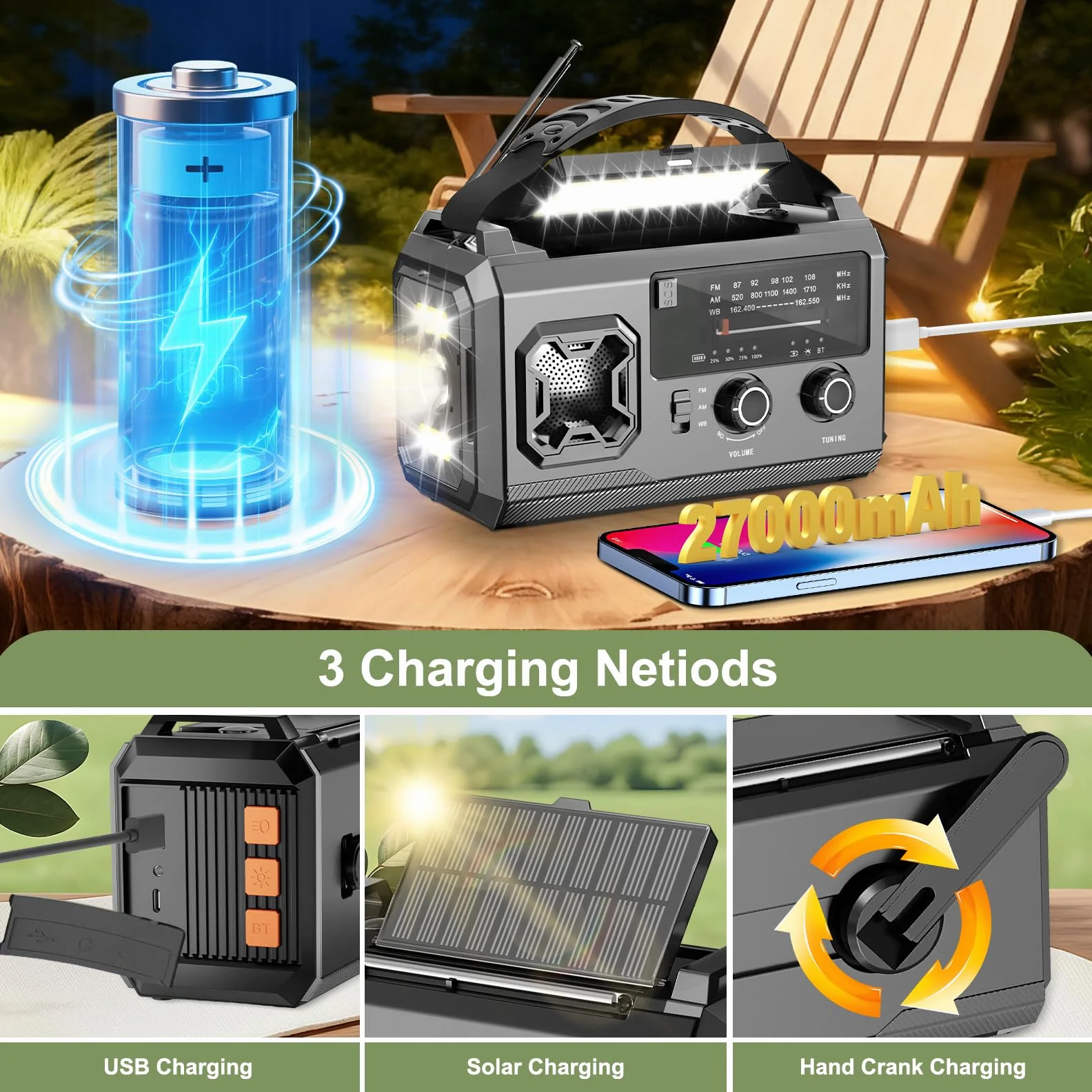 Radio Solaire Dynamo Survie 27000mAh Batterie Rechargeable AM/FM Lampe LED Alarme SOS Camping Randonnée Gris