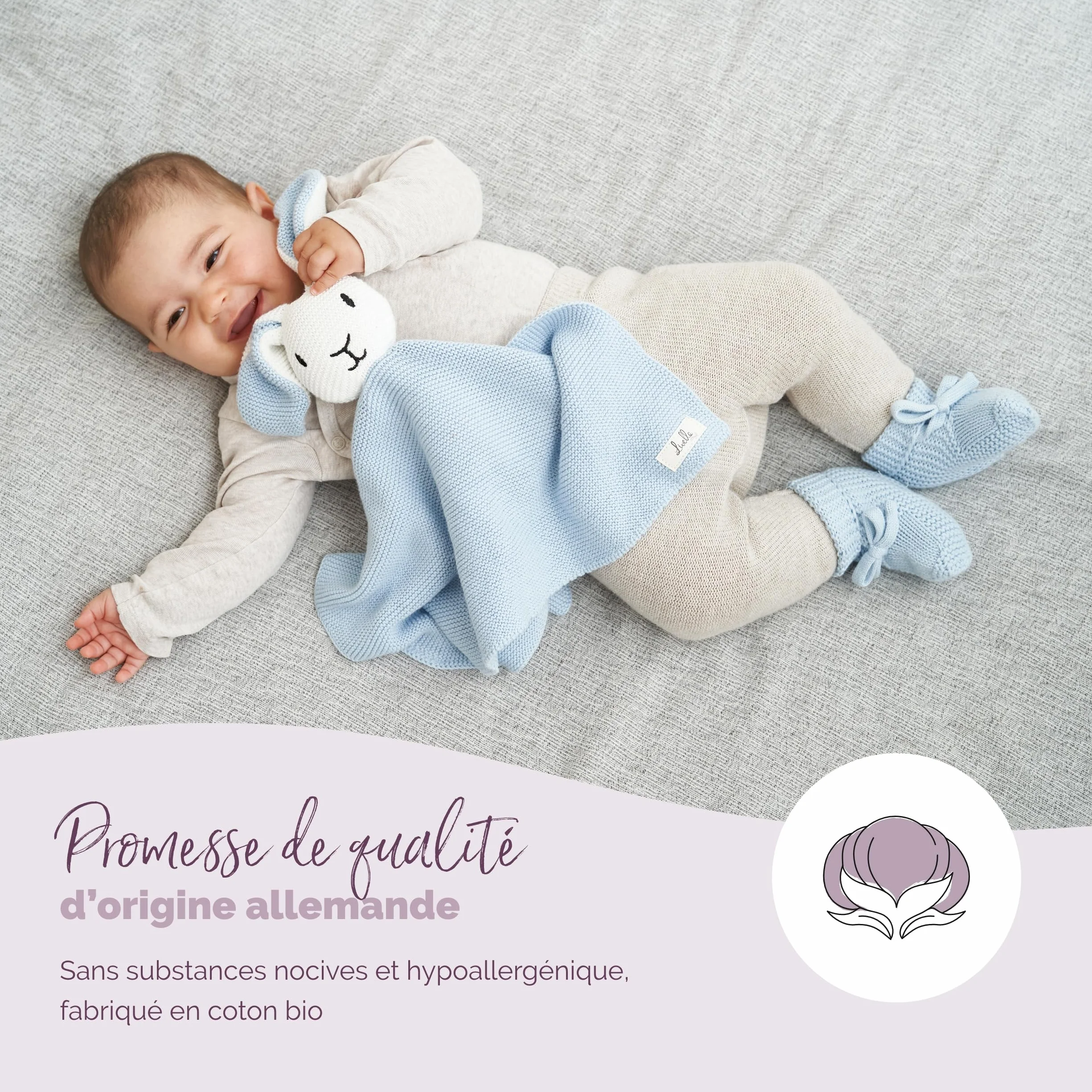 Livella Doudou Lapin Bébé avec Chaussettes Coton Bio GOTS Tricot Doux Couverture Fine 40x40cm Hypoallergénique