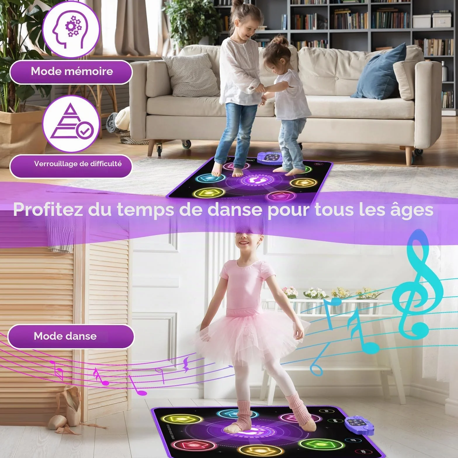 Tapis de Danse pour Enfants GuKKK 6 Flèches de Lumière LED Musique Pad Bluetooth Interactif Cadeau Noël Garçons Filles 3-7+