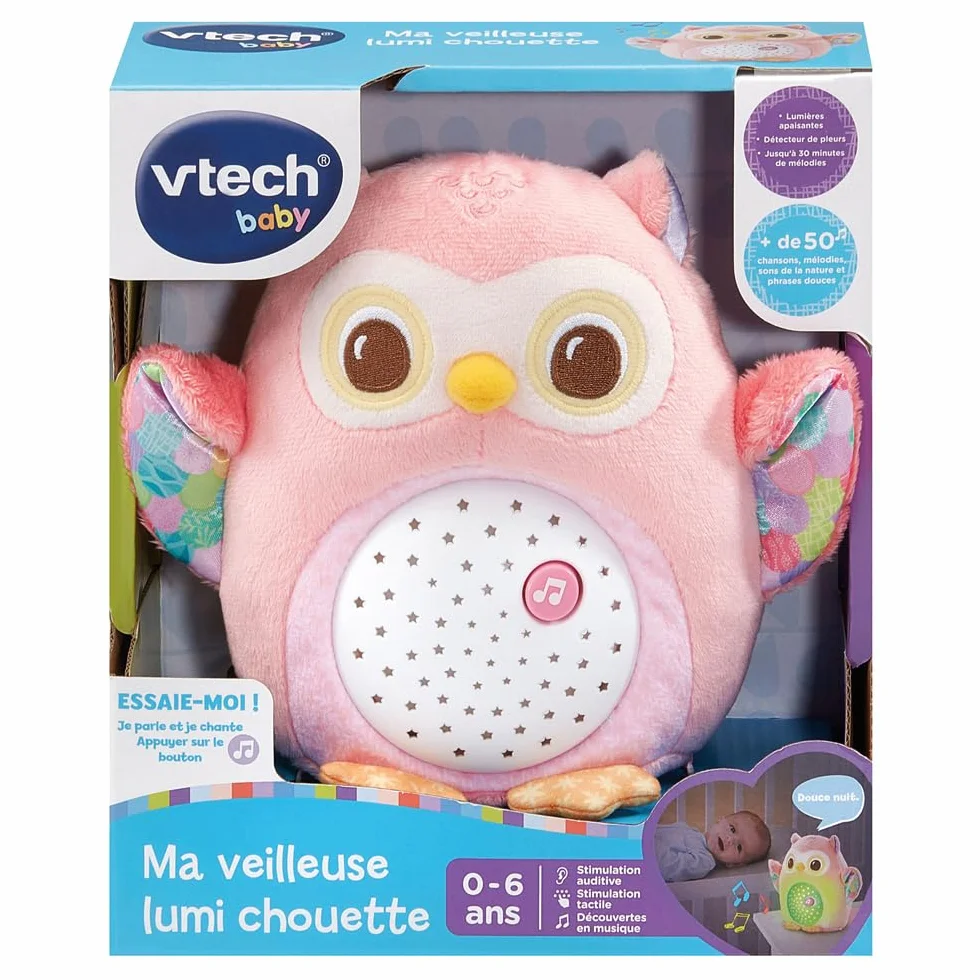 VTech Ma Veilleuse Lumi Chouette Rose, Peluche Apaisante, Veilleuse Musicale et Lumineuse, Cadeau de Naissance