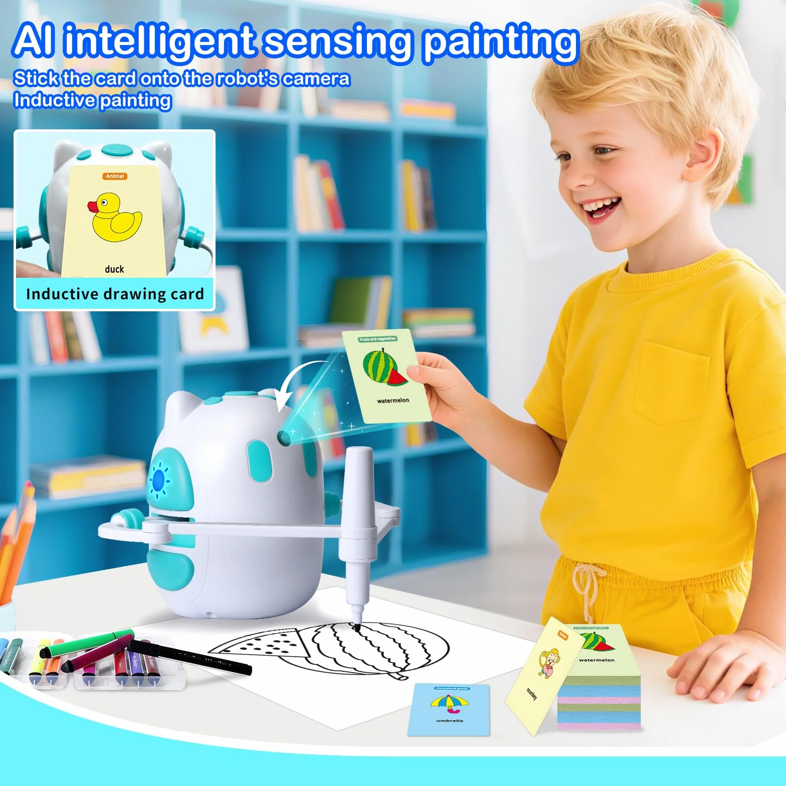 Robot de dessin pour enfants 150 cartes éducatives avec guide vocal Montessori Cadeau Anniversaire Noël 3-8 ans