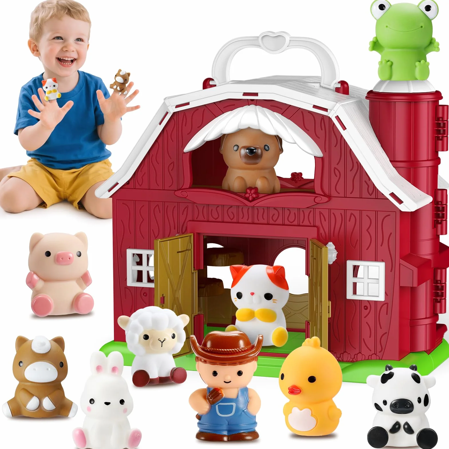 Jouet Ferme Montessori pour Bébé 1-4 Ans, Grange Dépliable avec 9 Animaux & Fermier - Jeux Éducatif Portable