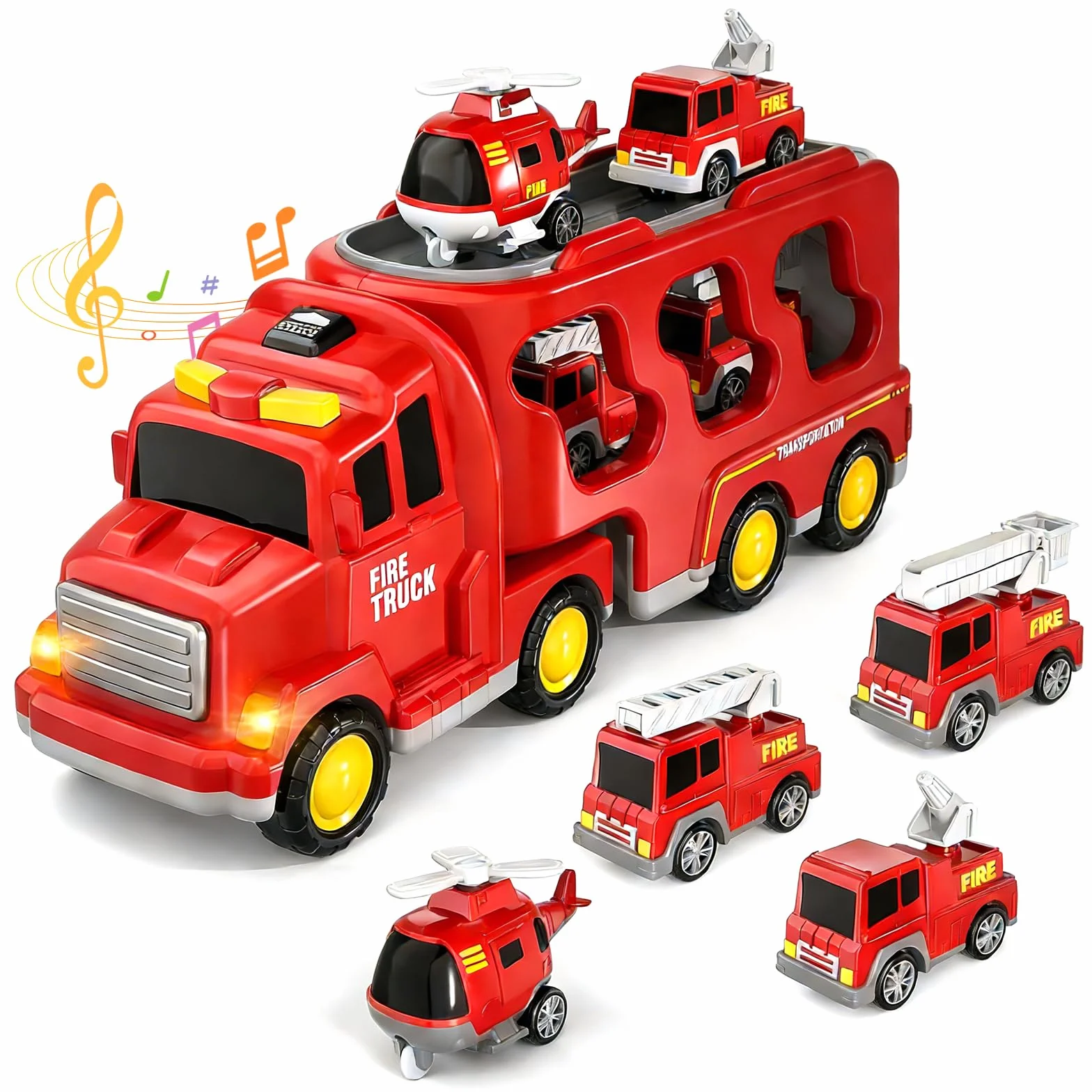 Camion de Pompiers 5 en 1 Jouet avec 4 Véhicules, Sons et Lumières Transporteur à Friction pour Enfants 3-6 Ans