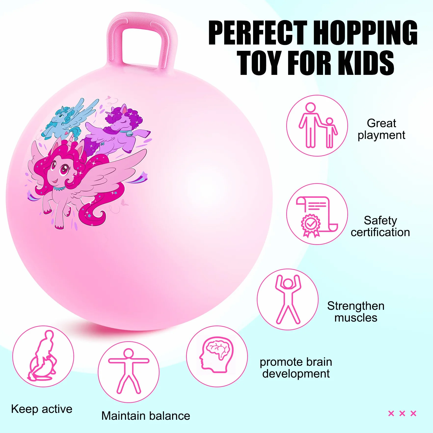 INPODAK Balle Sauteuse 45cm avec Poignée Jouet Sauteur Enfants 3-8 Ans Licorne Rose