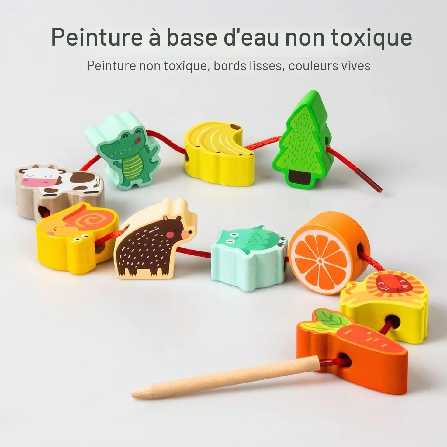 Perles en Bois à Enfiler Jouet 42 Pièces Animaux Fruits Montessori Éducatif Enfant Cadeau Garçons Filles 2-4 Ans
