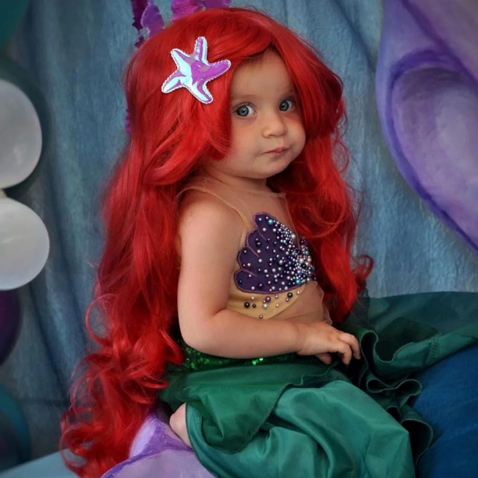 Perruque Sirène Enfant Ariel Rouge Longue Bouclée Costume Carnaval Fête Thème Cosplay